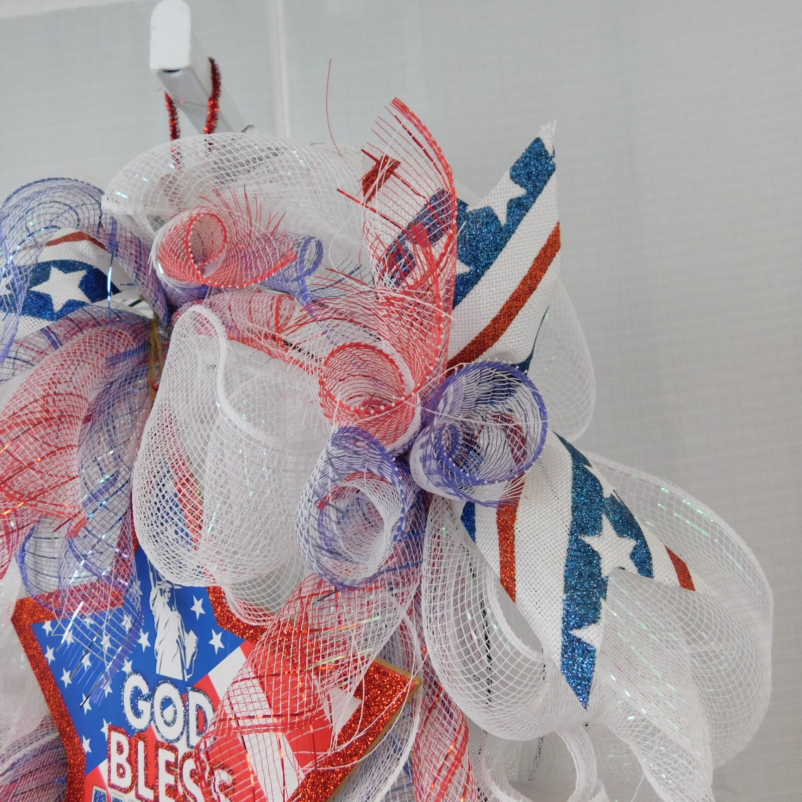 Handmade Mesh Wreath Patriotic God Bless America Glitter Star July 4th #C316