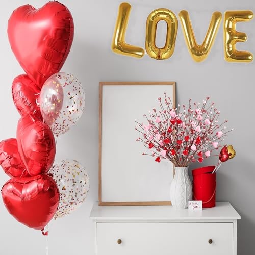 Heart Shaped Berry Picks 6 Pcs Artificial Red Berry Twig Flowers Stem Green