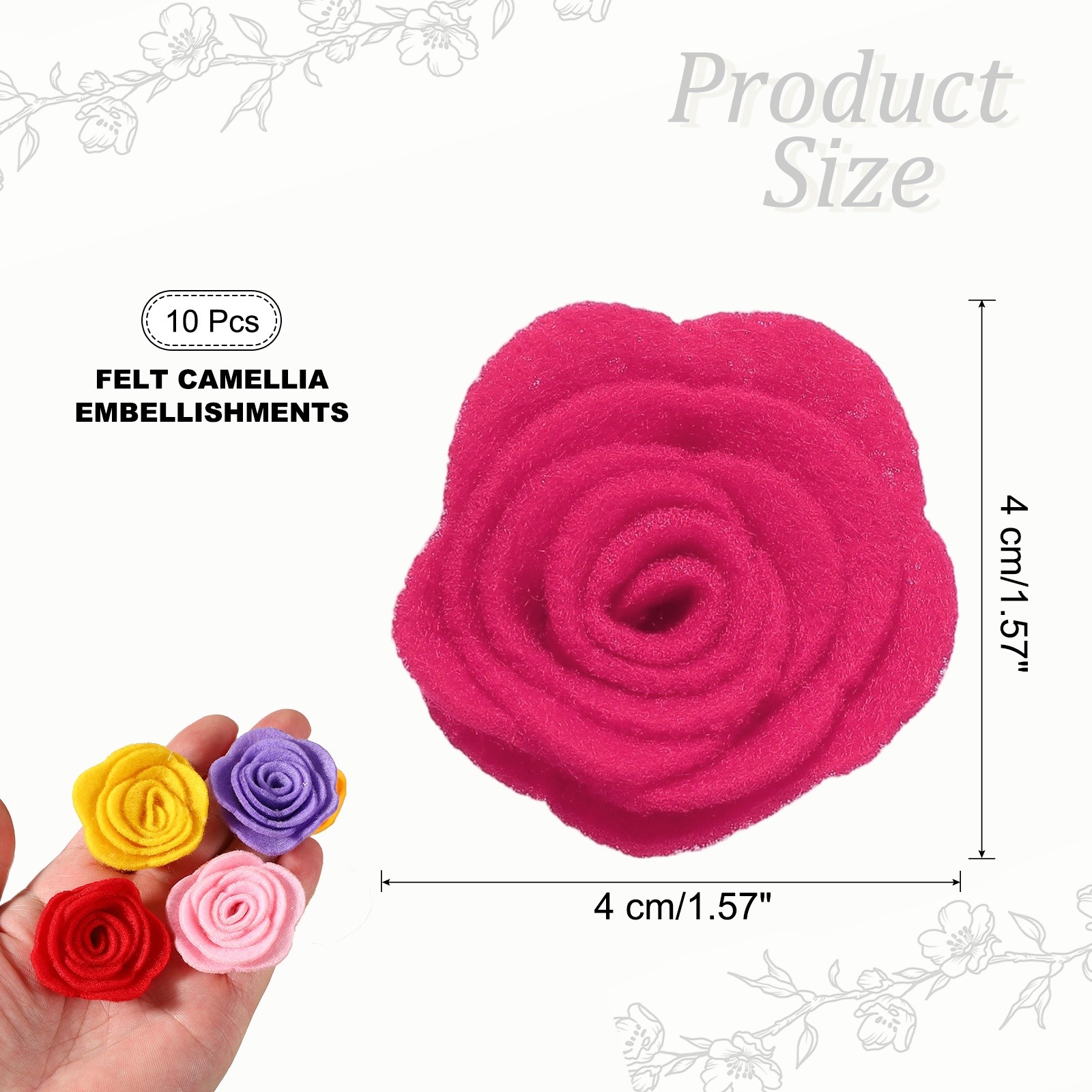 10 Pcs Felt Flowers Embellishments, Nonwoven Camellia Ornament, Rose Red