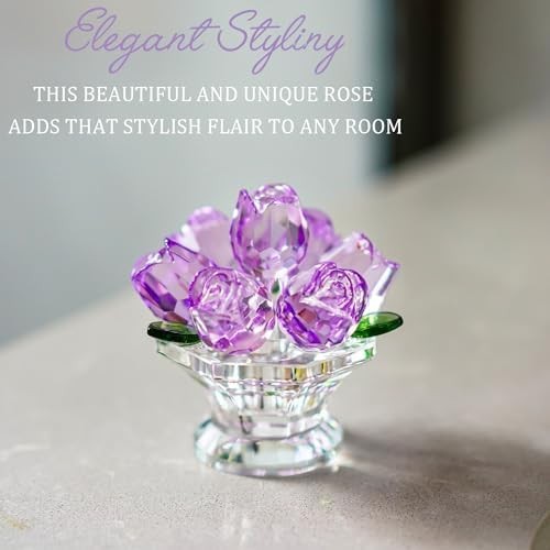 Handcraft Crystal Purple Rose Flower Figurine with Crystal Base, Glass Rose Flow