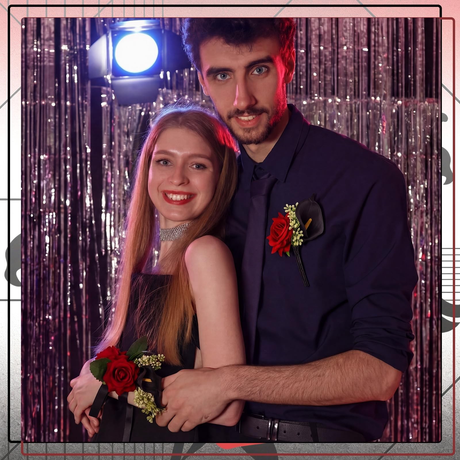 2 Pcs Red Rose Wrist Corsage and Boutonniere Set for Homecoming with Black Ca…