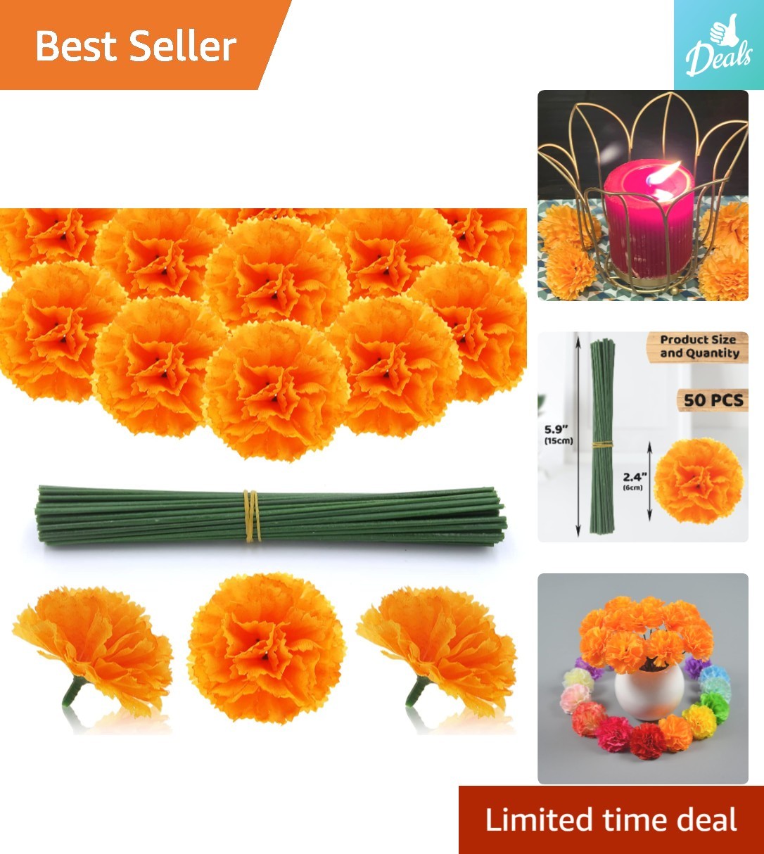 50 Artificial Orange Marigold Flowers with Flexible Stems for DIY Projects