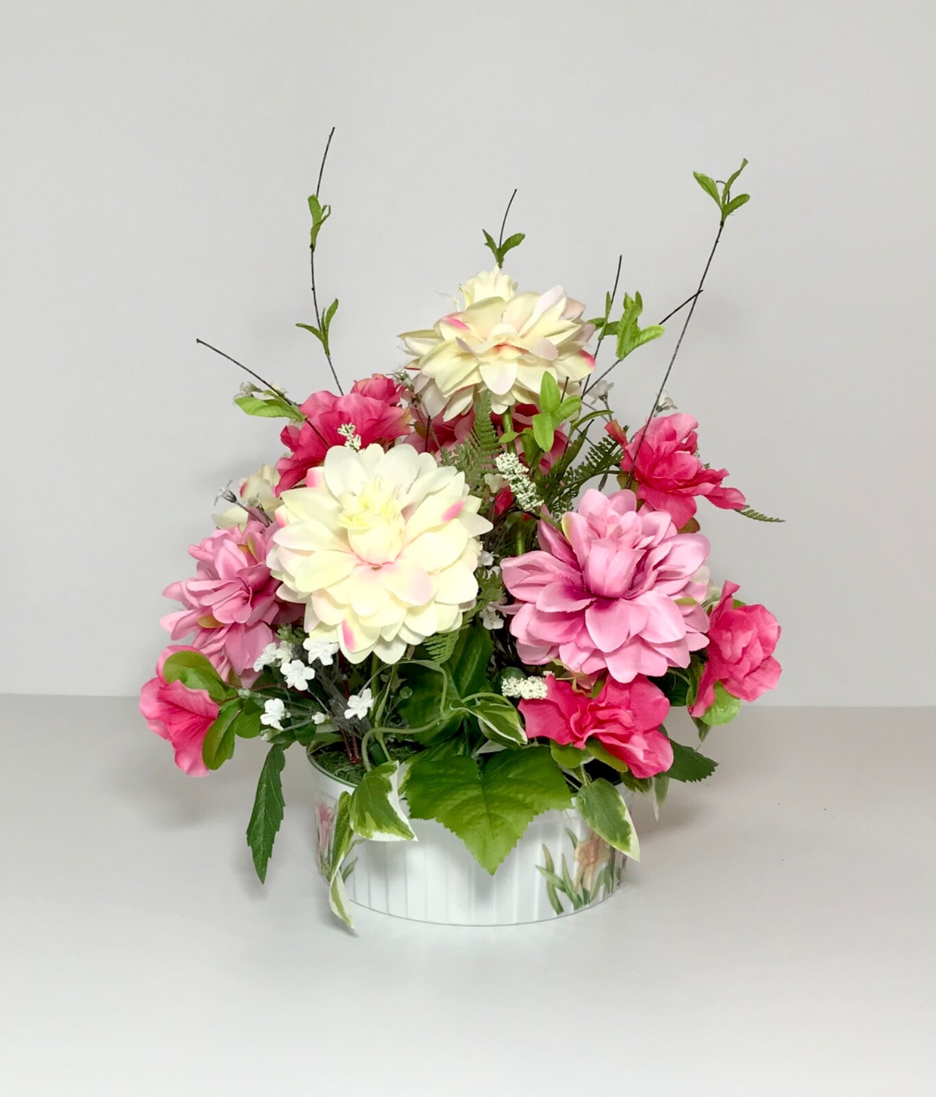 PINK WHITE CREAM FLOWERS ARRANGEMENT PORCELAIN VASE FLORAL CENTERPIECE GIFT NEW