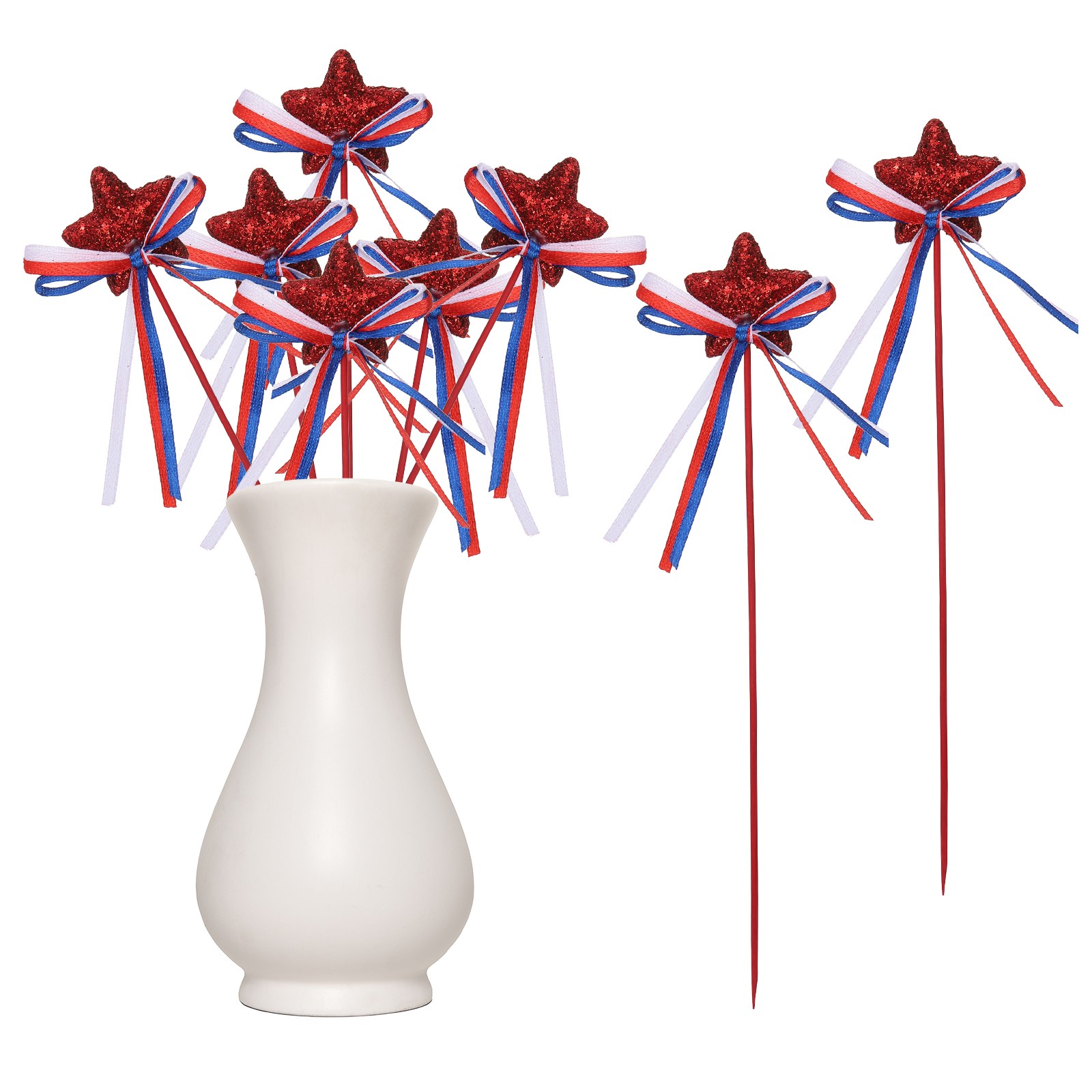 6 Pcs 4th of July Glitter Star Picks 8″ Puffy Sparkly Sticks with Bowknot (Red)