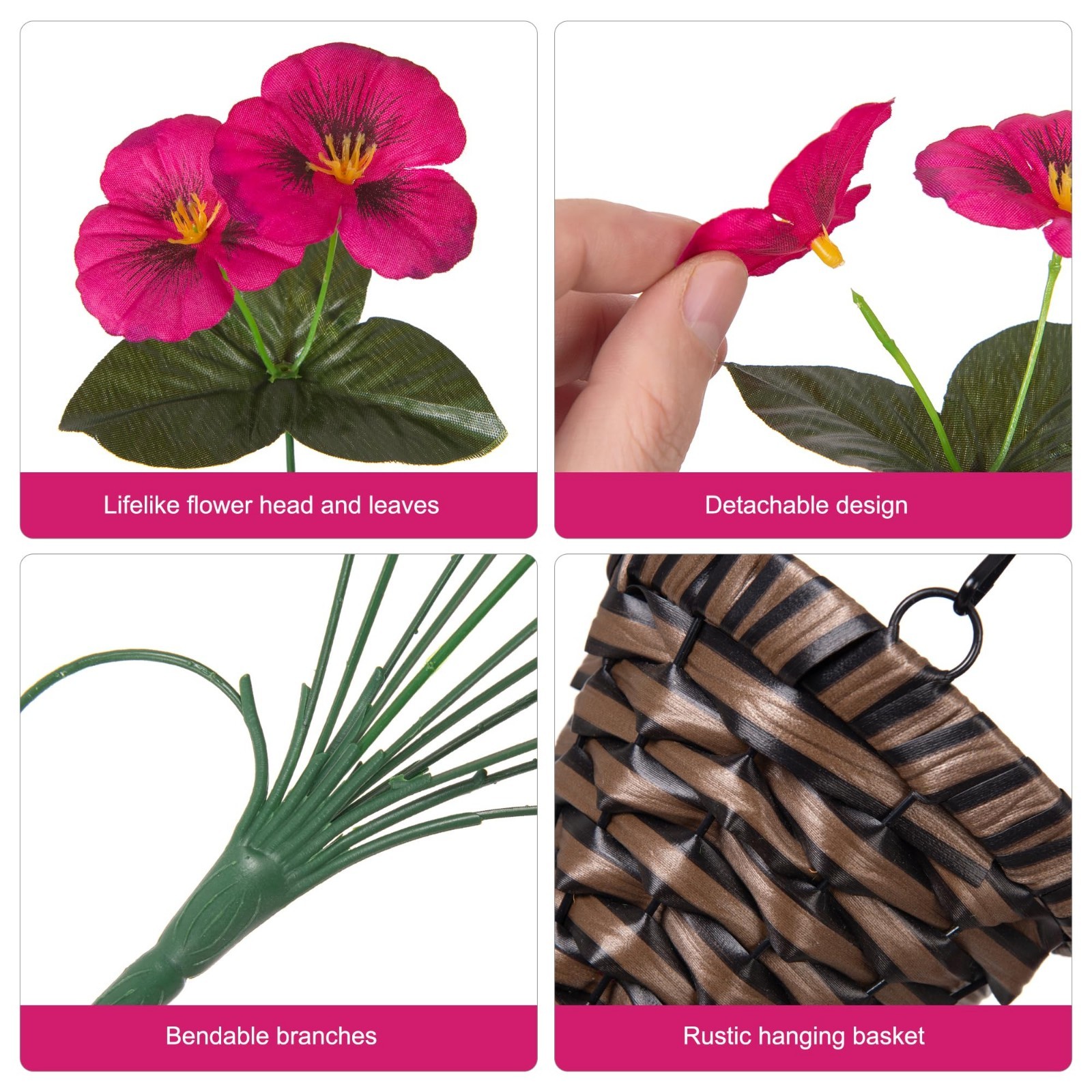 4pcs UV Resistant Artificial Pansy Flowers in Hanging Basket – Silk Faux Spring