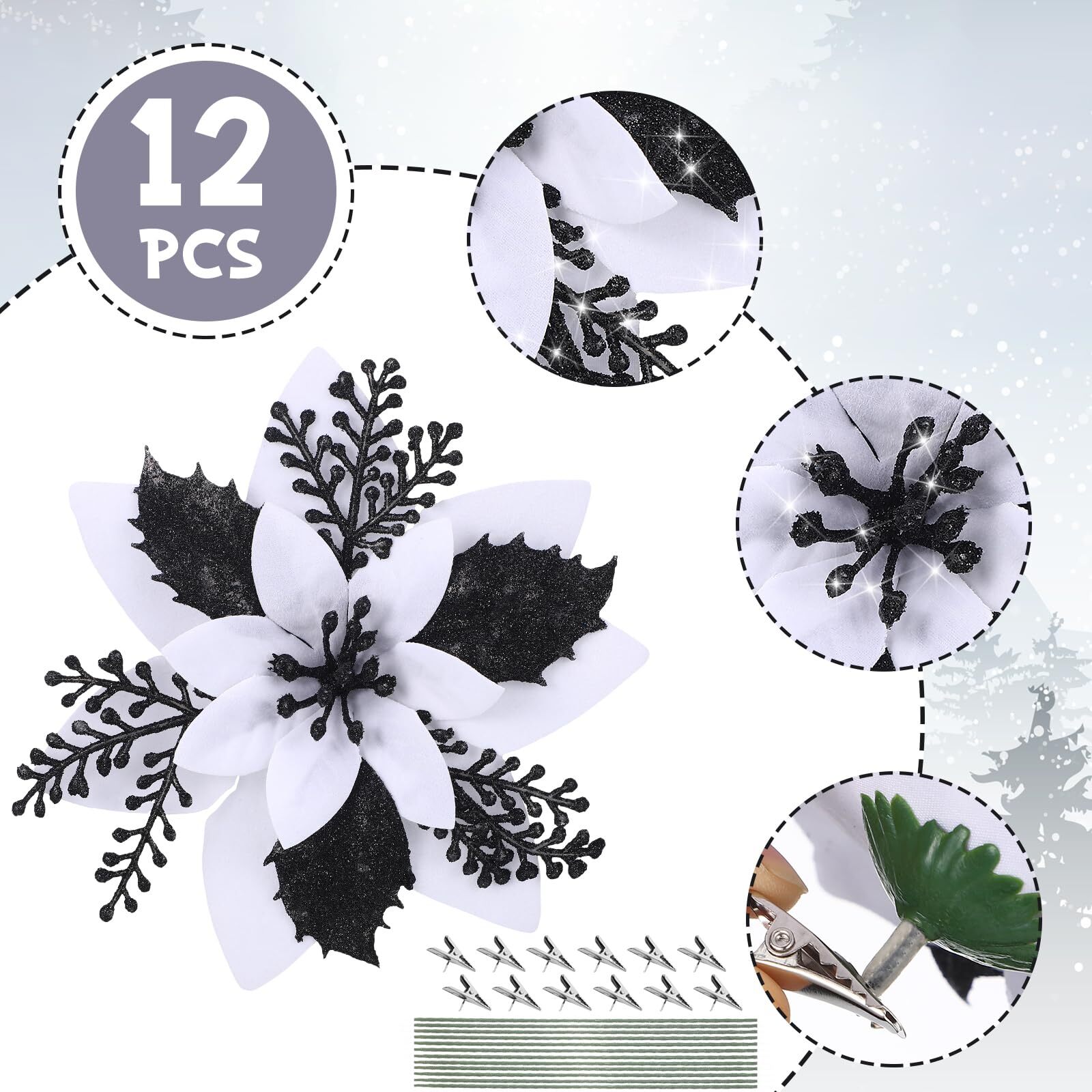 6.3 Inch Artificial Poinsettias Christmas Glitter Flowers with Clips Xmas Tre…