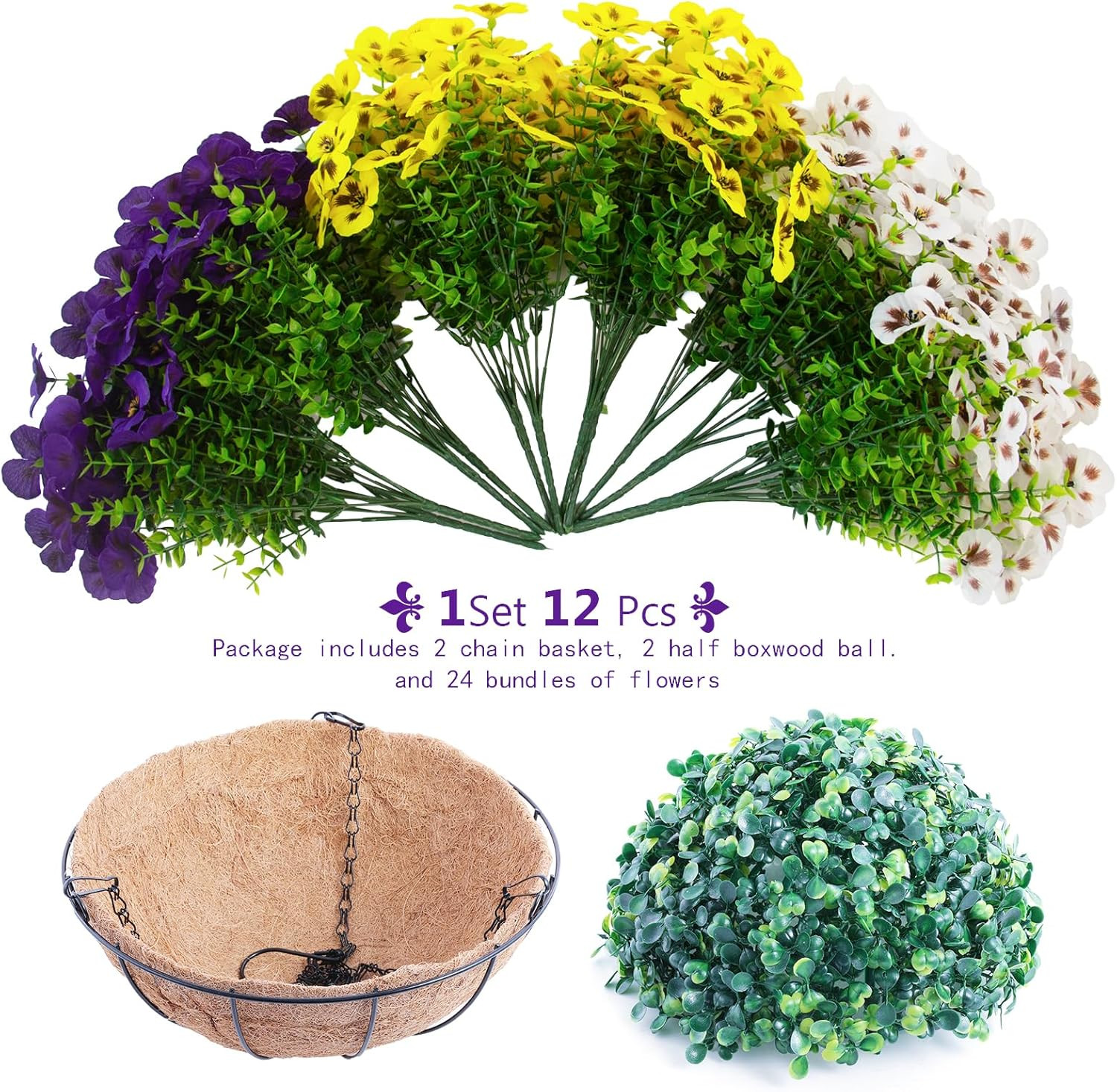 2 Sets Artificial Hanging Pansy Flowers with Baskets, 24 Pcs UV Resistant Faux S