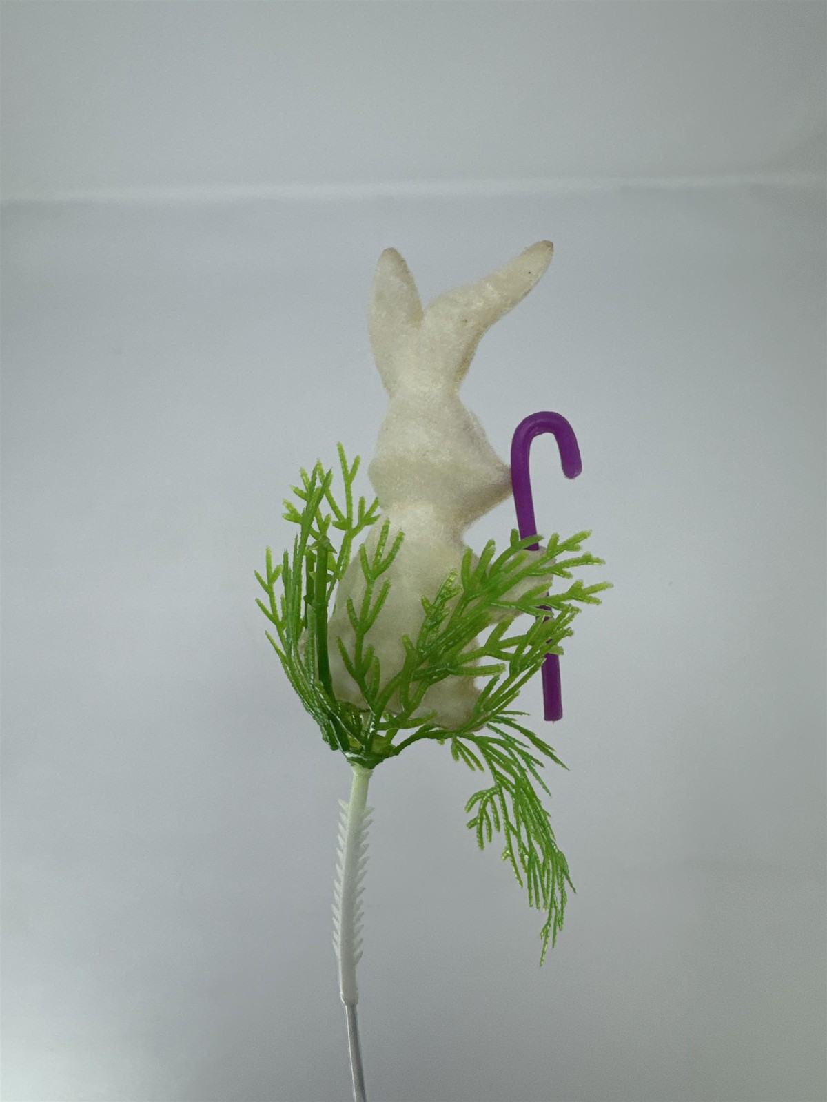 Vtg Flocked Easter Bunny Rabbit Purple Cane Floral Pick White Wreath Decoration