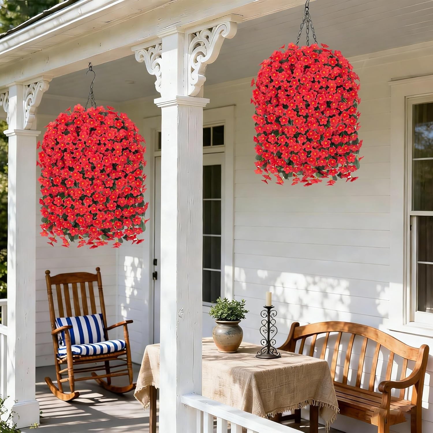 Vibrant Red Hanging Flowers in Sturdy UV-Resistant Basket – -Round Charm