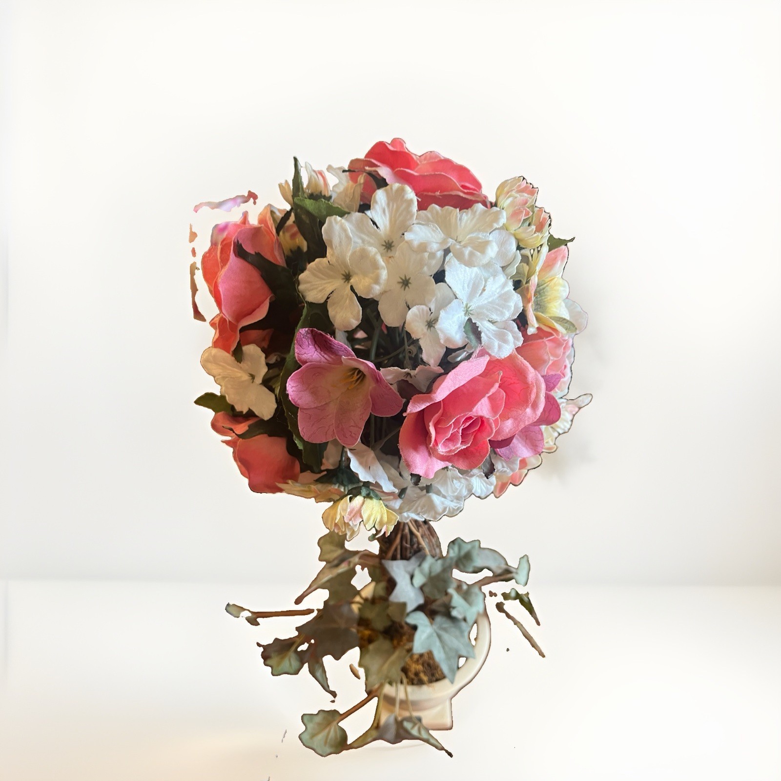 Artificial Pink Rose Ball Topiary Floral Arrangement in White Urn Pot 18 in