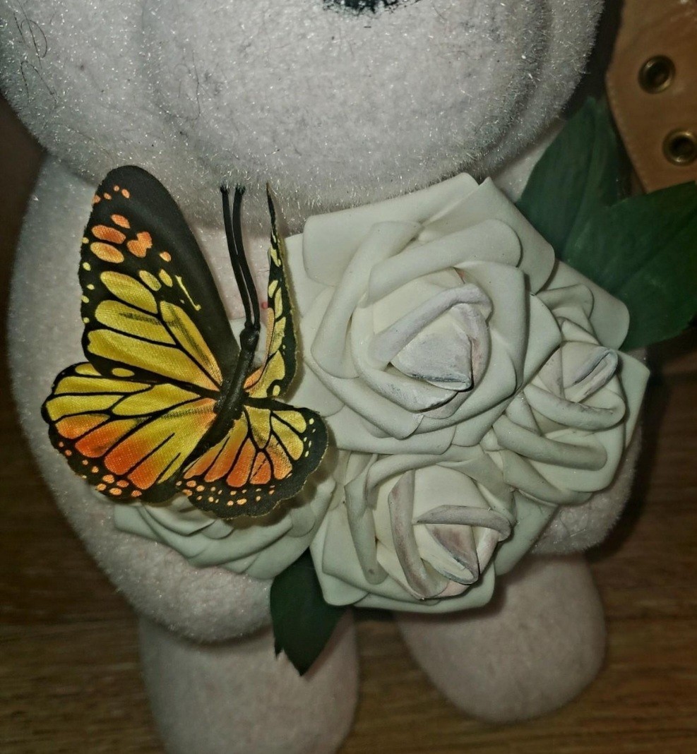 Handmade Foam Floral Bear Decor with White Rose Arrangement and Butterfly