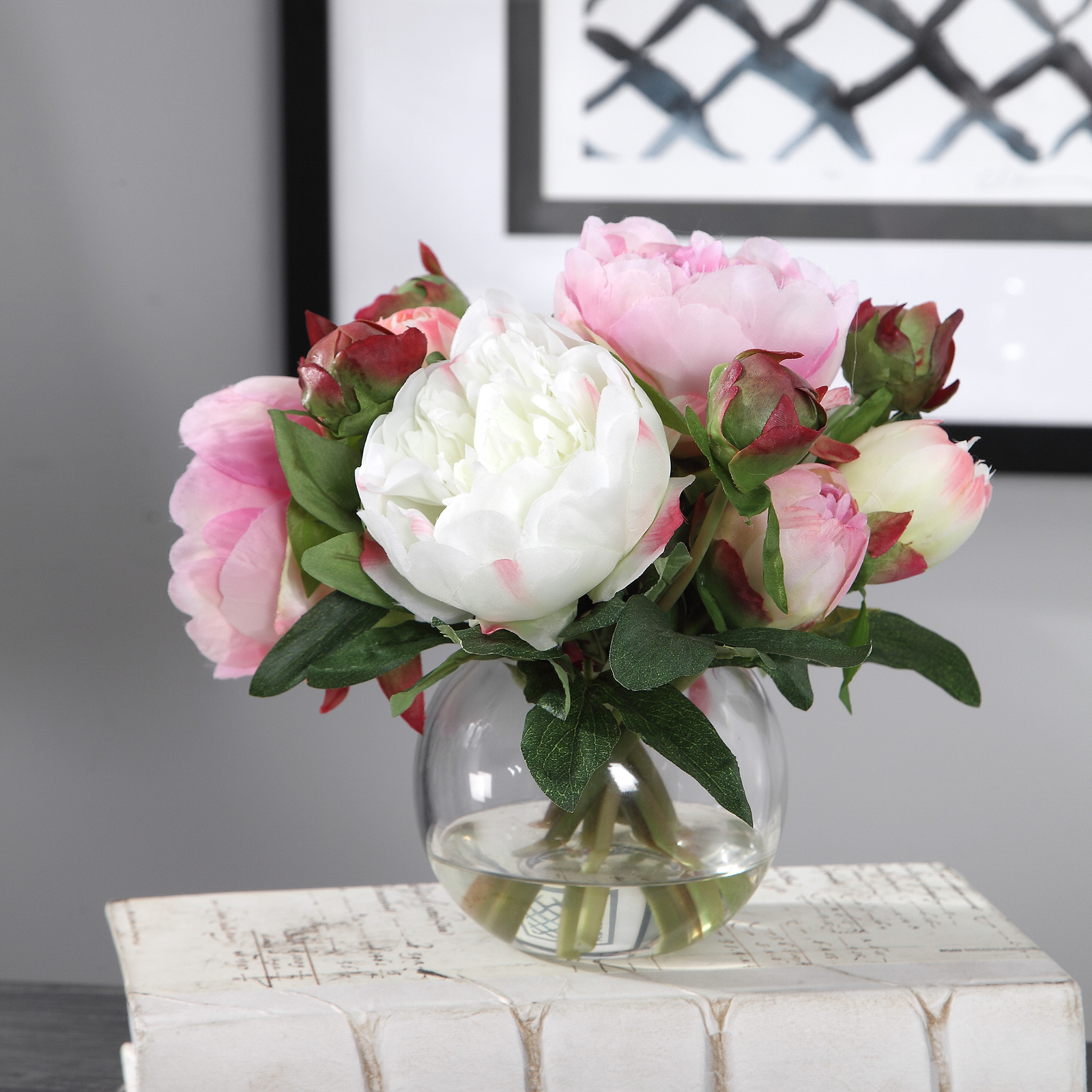 Luxe Large Pink White Peony Flower Bouquet Faux Floral Glass Vase