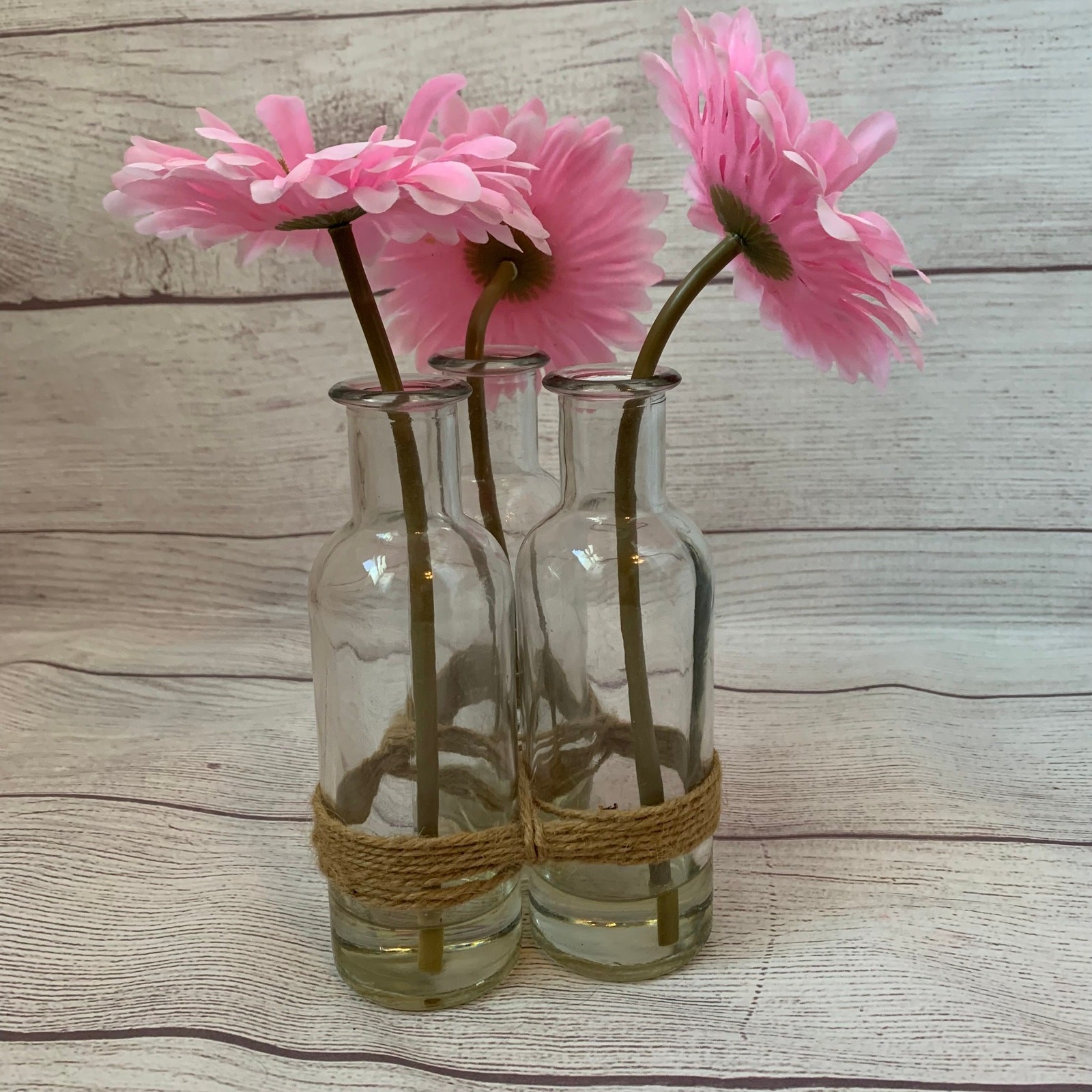 Artificial Pink Gerbera Daisies in Bottles and Twine String Faux Glued Water 9″H