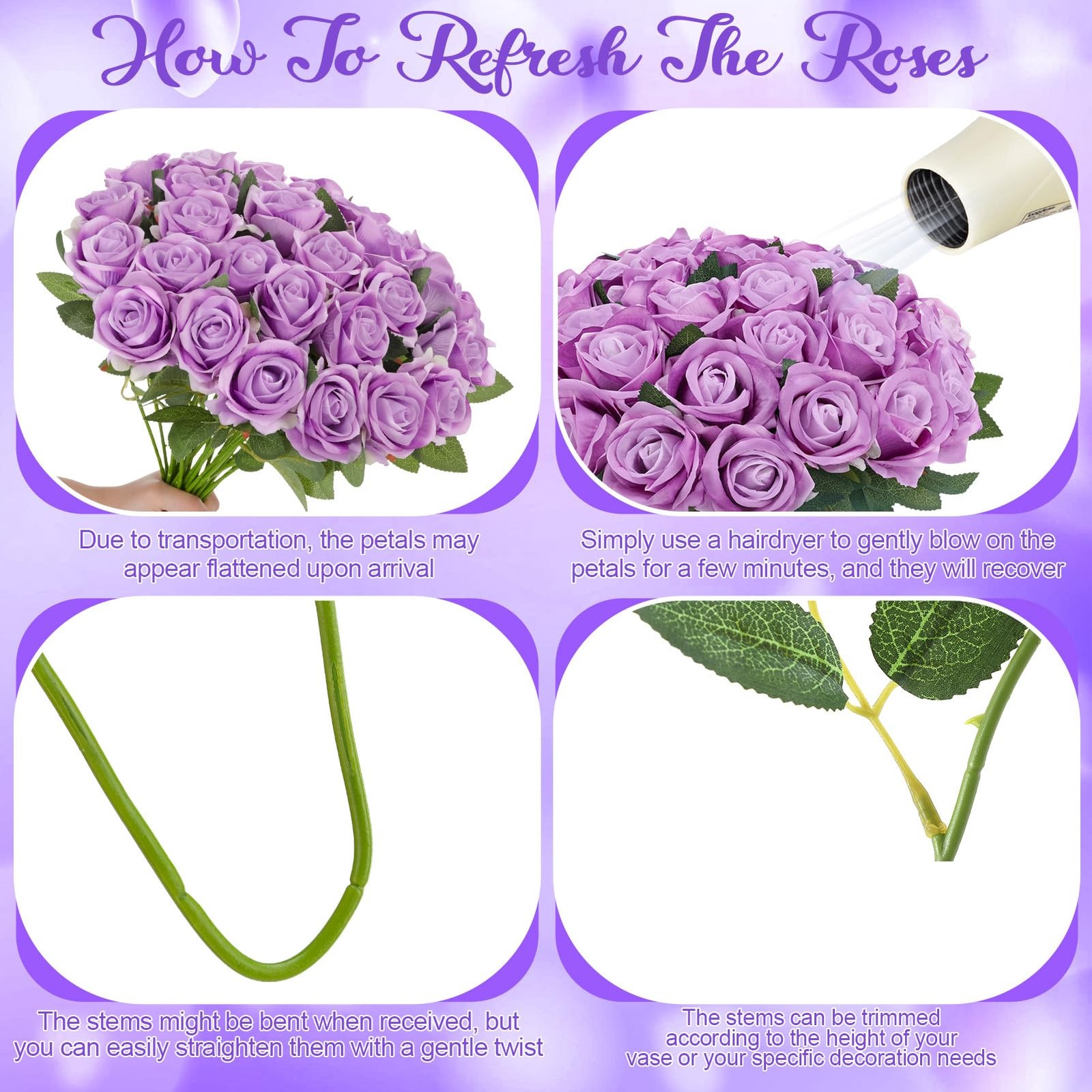 Ovveroche 90 Pcs Purple Velvet Rose Artificial Flowers with Long Stems, Fake …