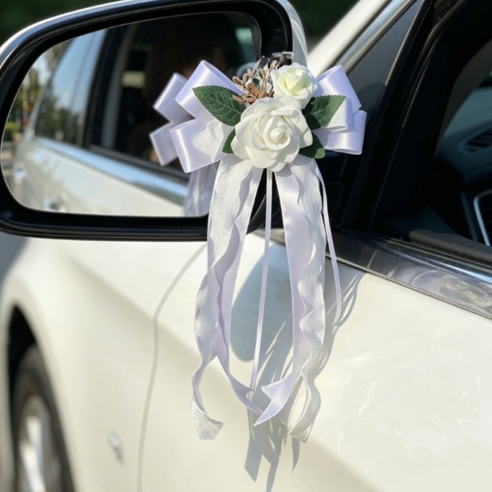 Flower Bow Car Mirror Decor for Wedding Use Plastic 36x17cm with Suction Cup