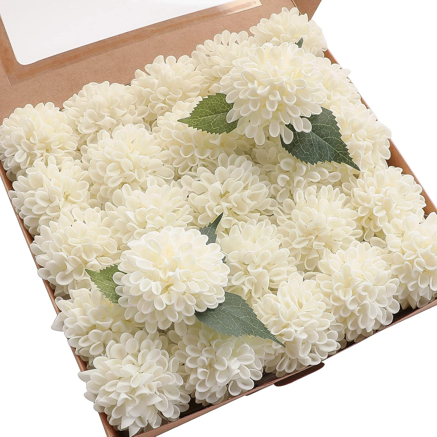 Artificial Dahlia Flowers 25 Pcs Real Looking Ivory Foam Fake Roses with Stems