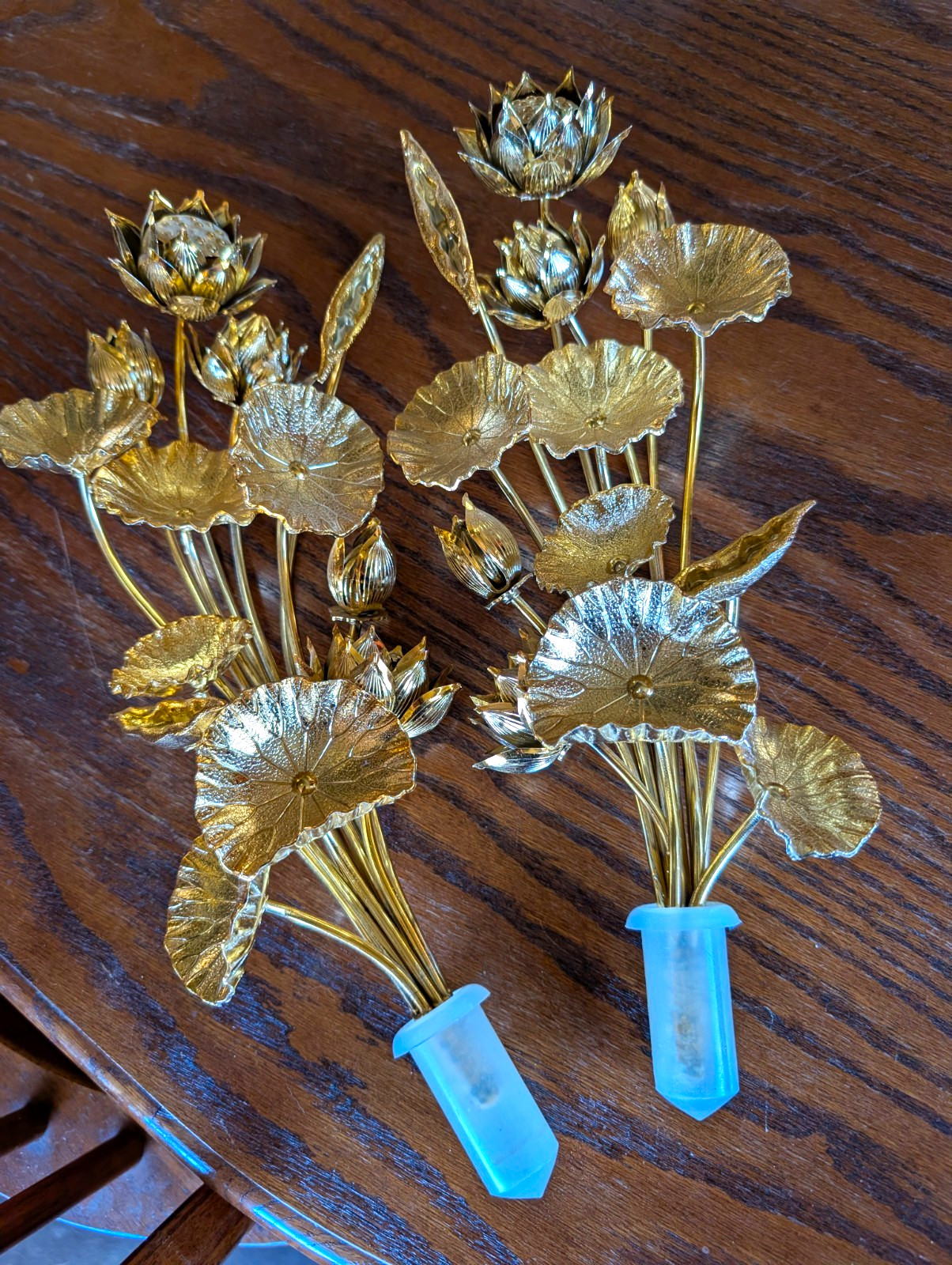 Gold Tone Metal Lotus Flower Altar Stems Set of 2 Buddhist