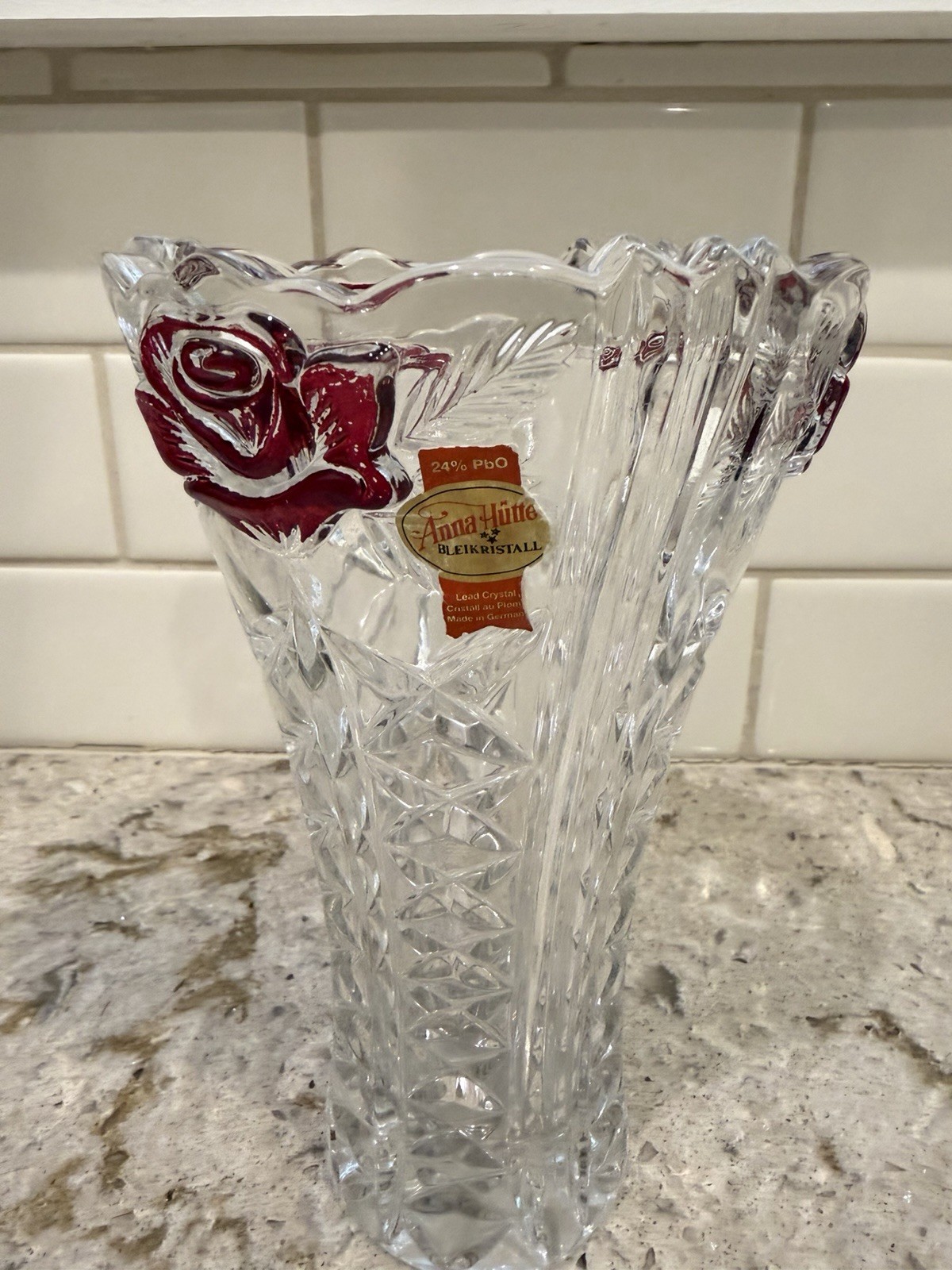 Anna Hutte Bleikristall Lead Crystal Clear /redVase 24% BPO 7.5” Made in Germany