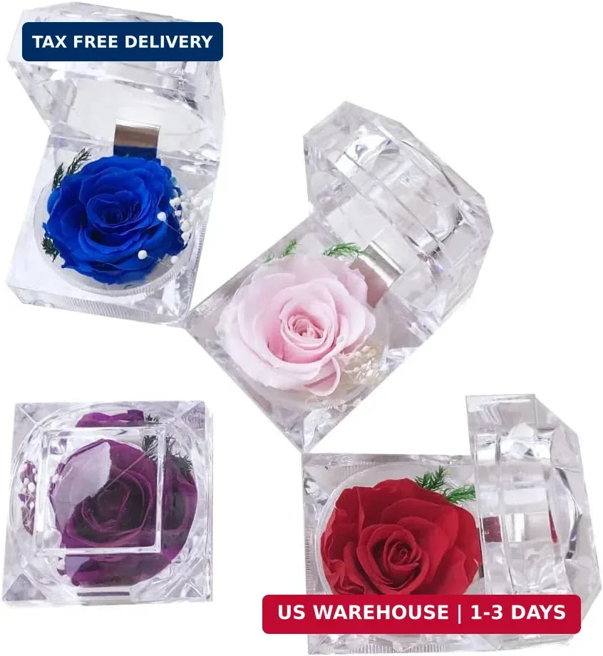Preserved Rose Real Forever Rose in Mini Clear Ring Box, Eternal Flower Rose Gif