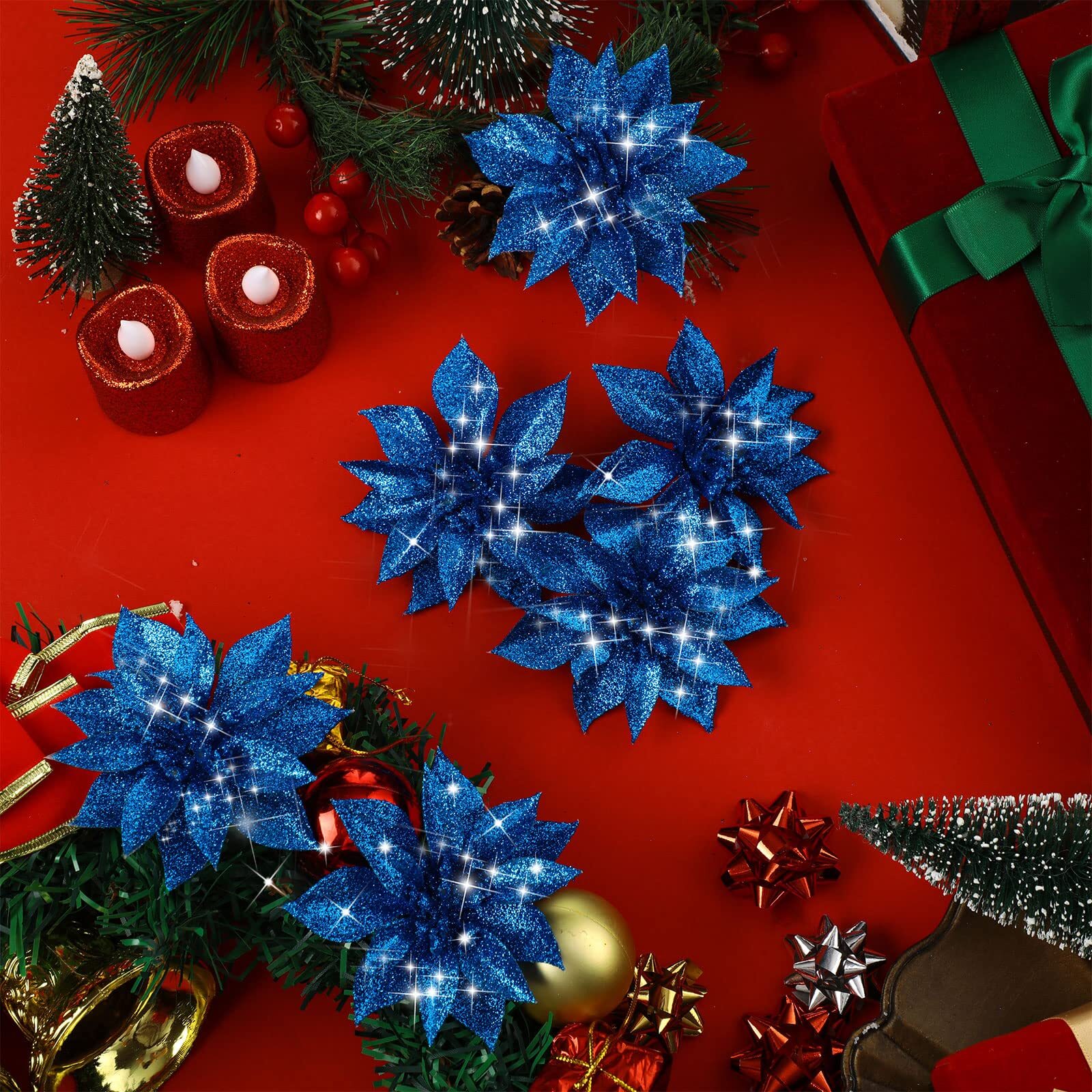 30 Pcs Dark Blue Christmas Glitter Artificial Poinsettia Flower Tree Decoration