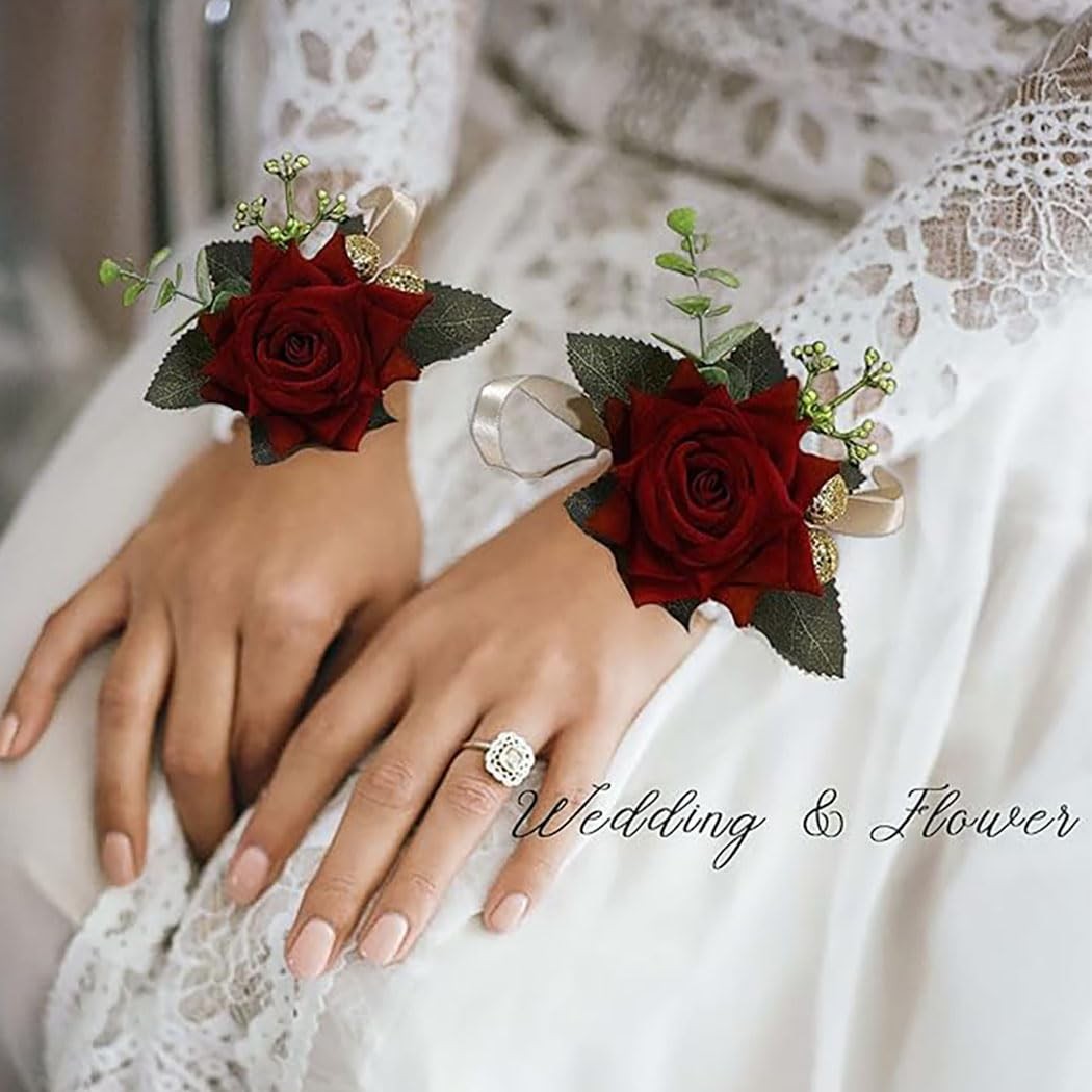 Red Rose Wrist Corsage Gold-Accented Artificial Flowers with Satin Ribbon Wed…
