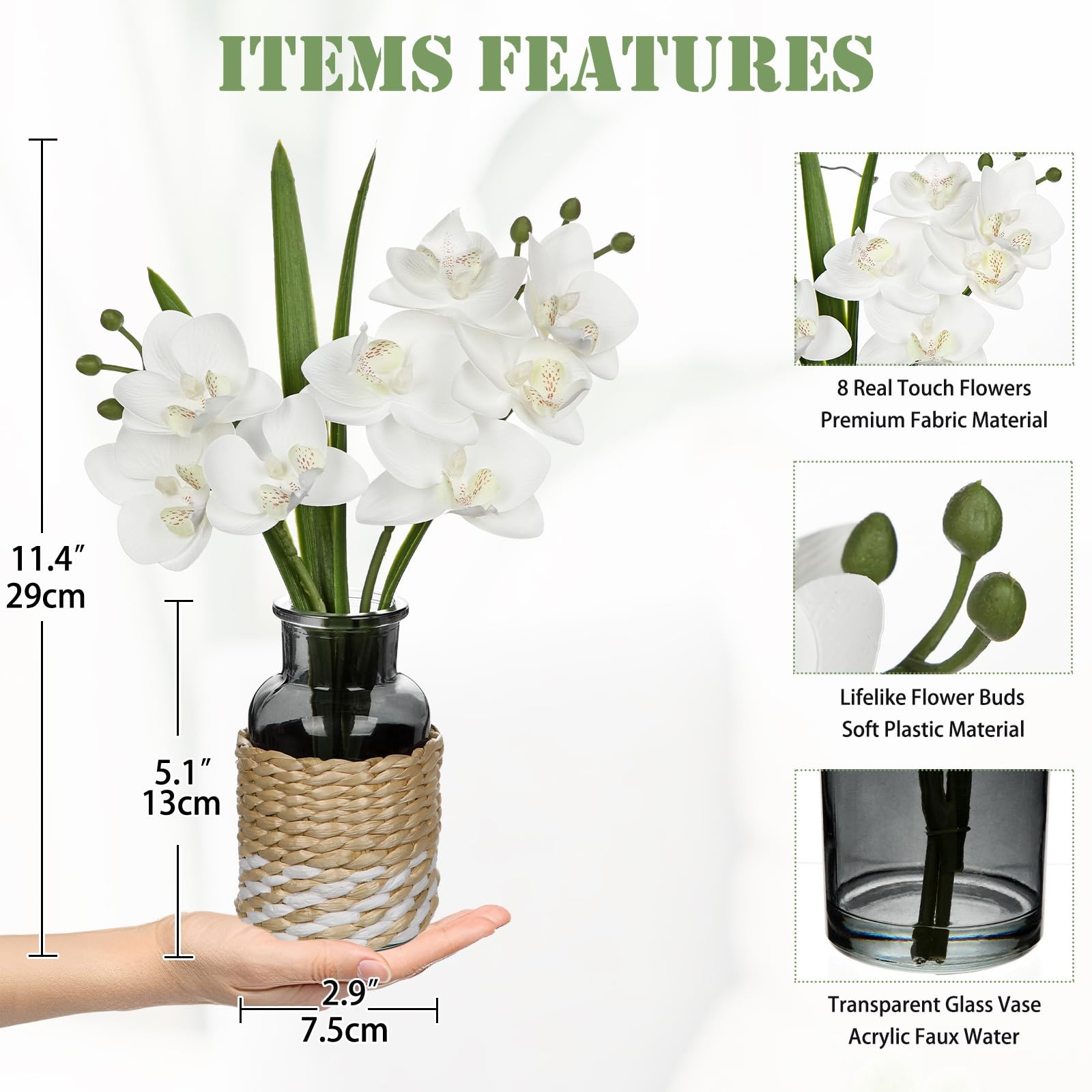 White Orchids Artificial Flowers with Vase, Small Faux Orchid Arrangement Fak…