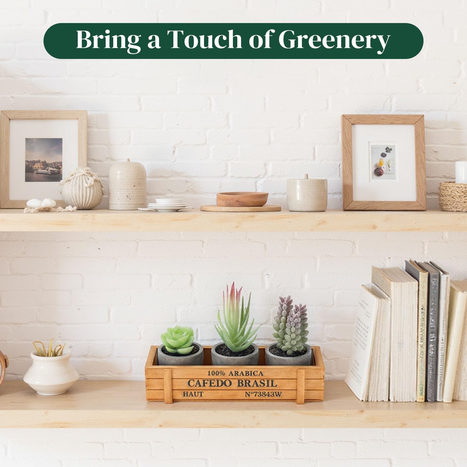 3 PCS Mini Potted Artificial Succulent Faux Plants With Wood Planter Box
