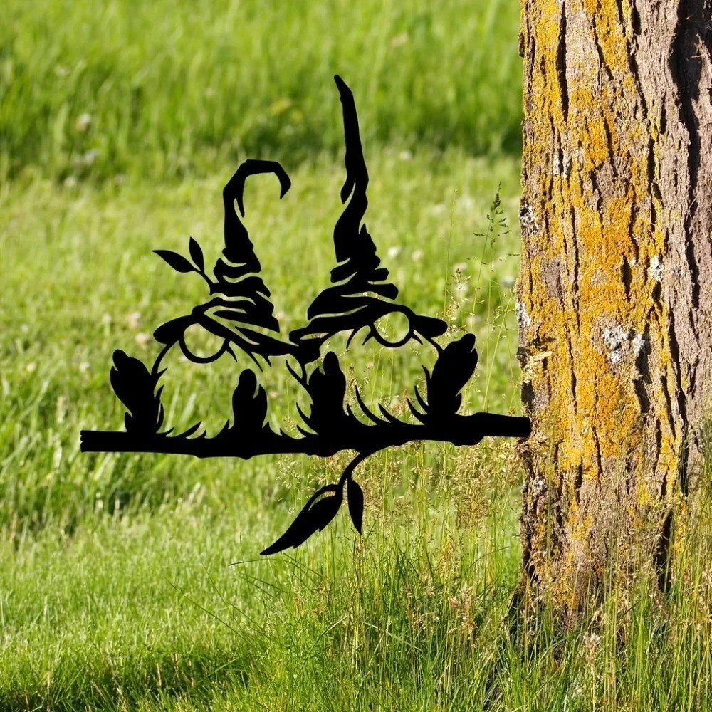 Elf Fungi Twig Metal Garden Wall Sculpture – Enchanting Outdoor Tree Decor Gift
