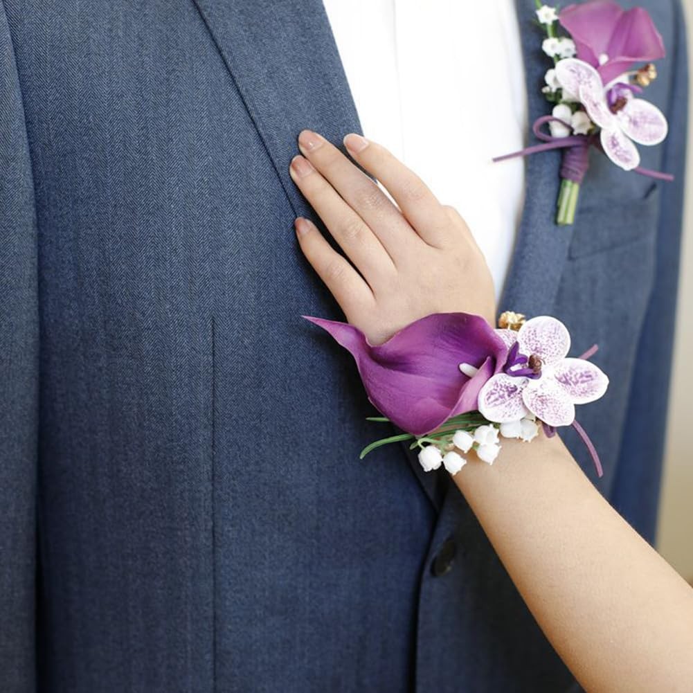 2 Pieces Corsage and Boutonniere Set, Artificial Calla Lily& Orchid Flowers A…