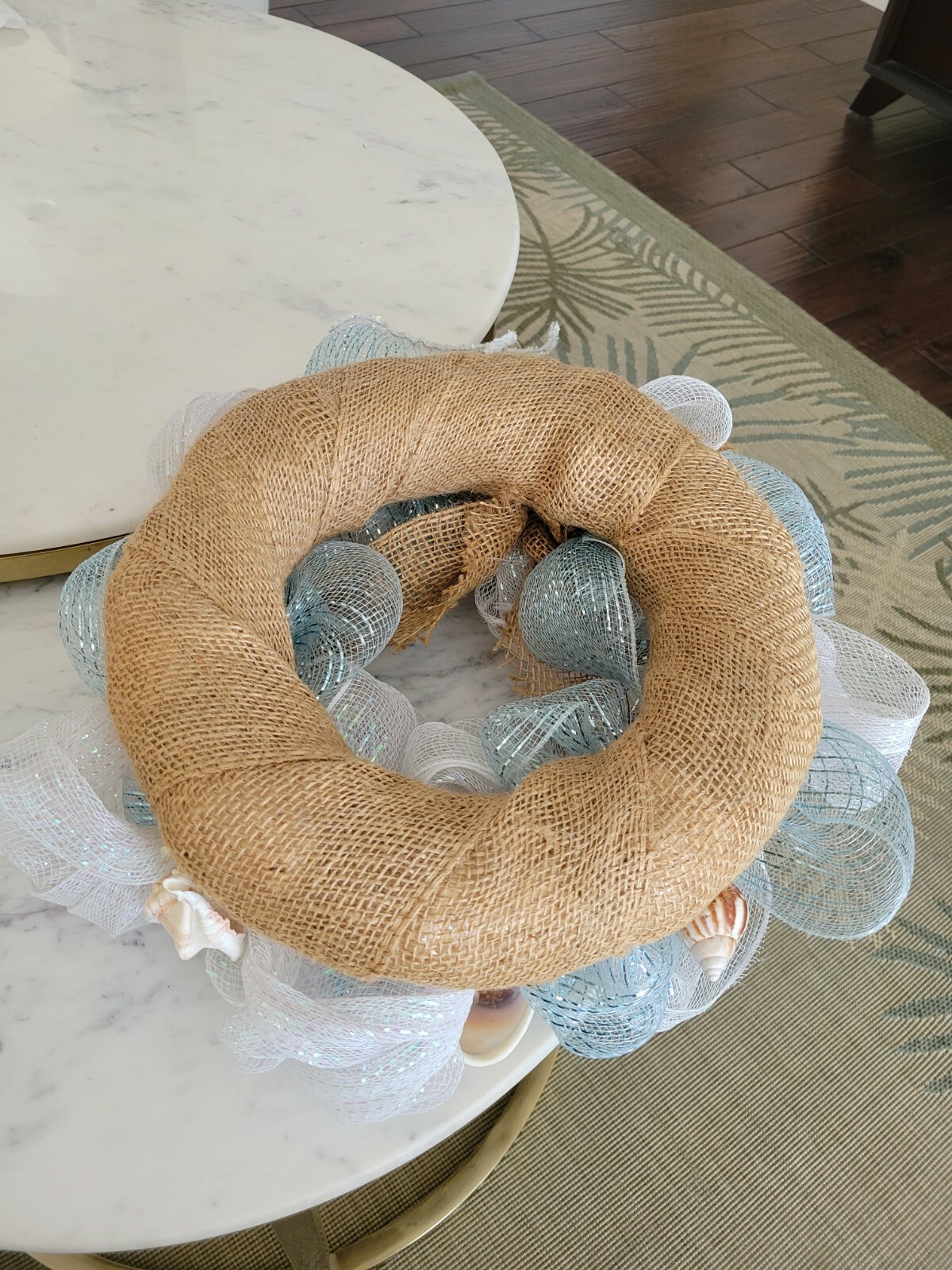Beautiful Romantic shimmery ribbon SeaShell Wreath 16″ Coastal beach house decor