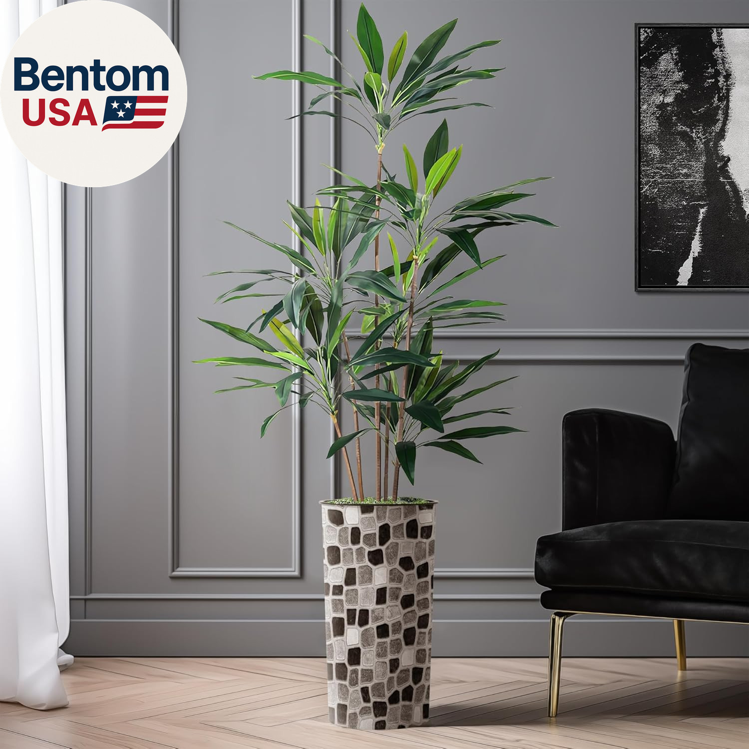 Artificial Tree in Modern Geometric Pattern Planter, Fake Dracaena Tree Silk Tre