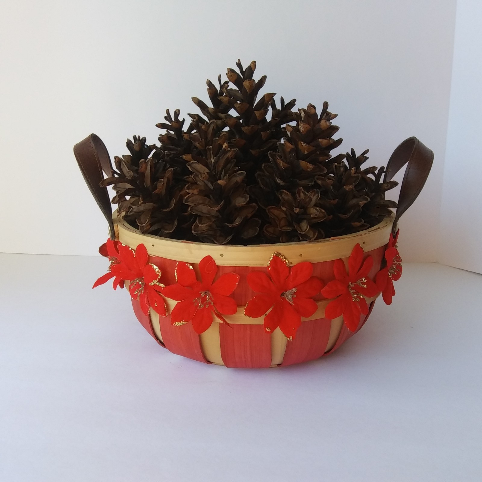 Rustic Pinecone Basket Centerpiece with Red Flowers – Fall or Christmas Décor
