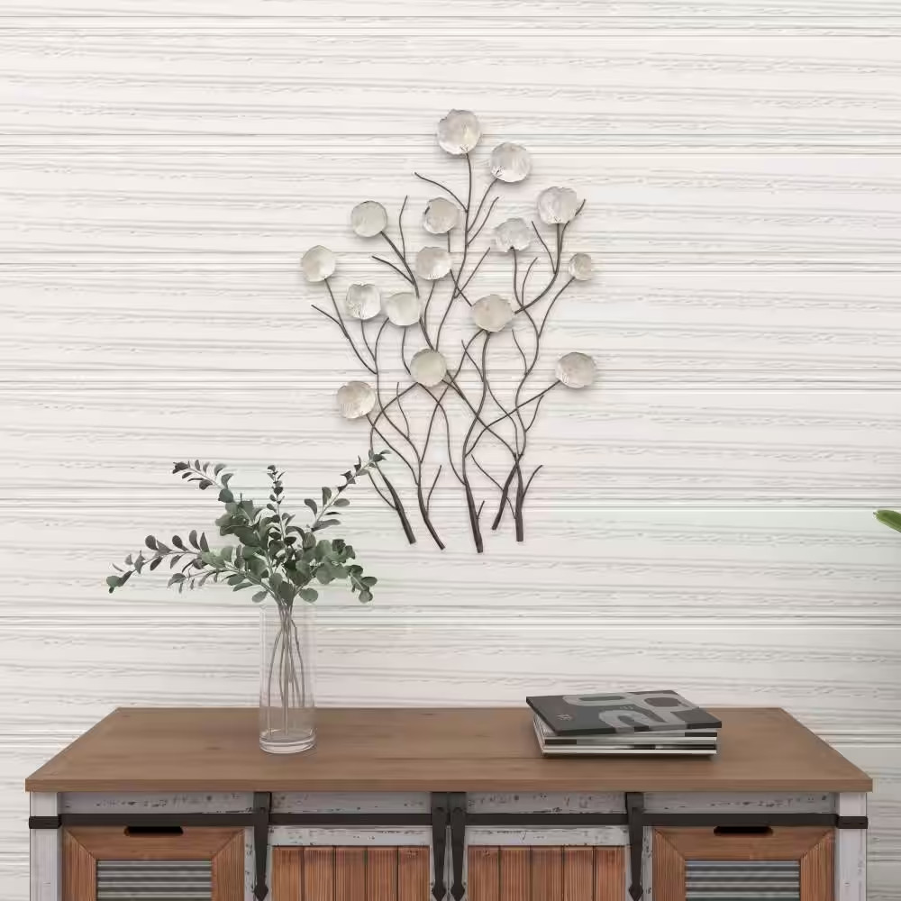 24 In. X 36 In. Capiz Shell White Floral Wall Decor with Capiz Accents