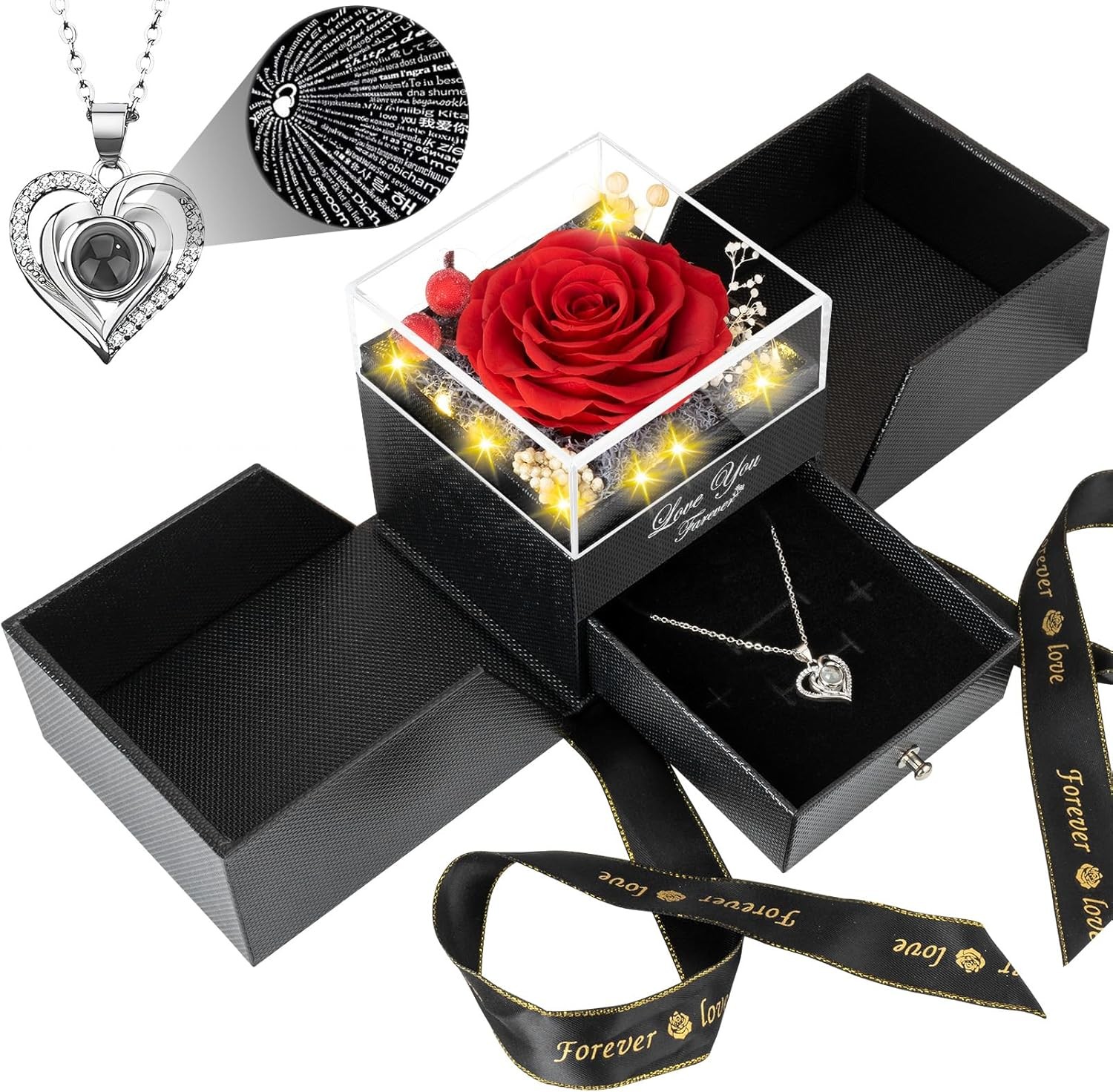 Preserved Real White Rose with Necklace Forever Flowers Rose Valentines Day Gift