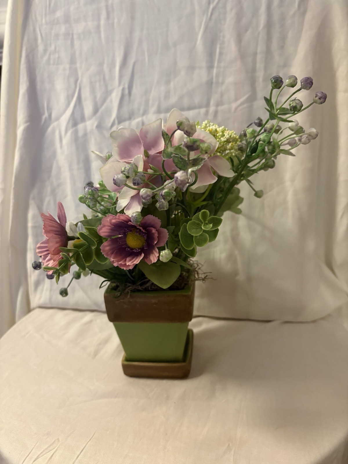 New Handmade Floral Arrangement In Green Ceramic Planter SKU WR27 Size 12 X 12”
