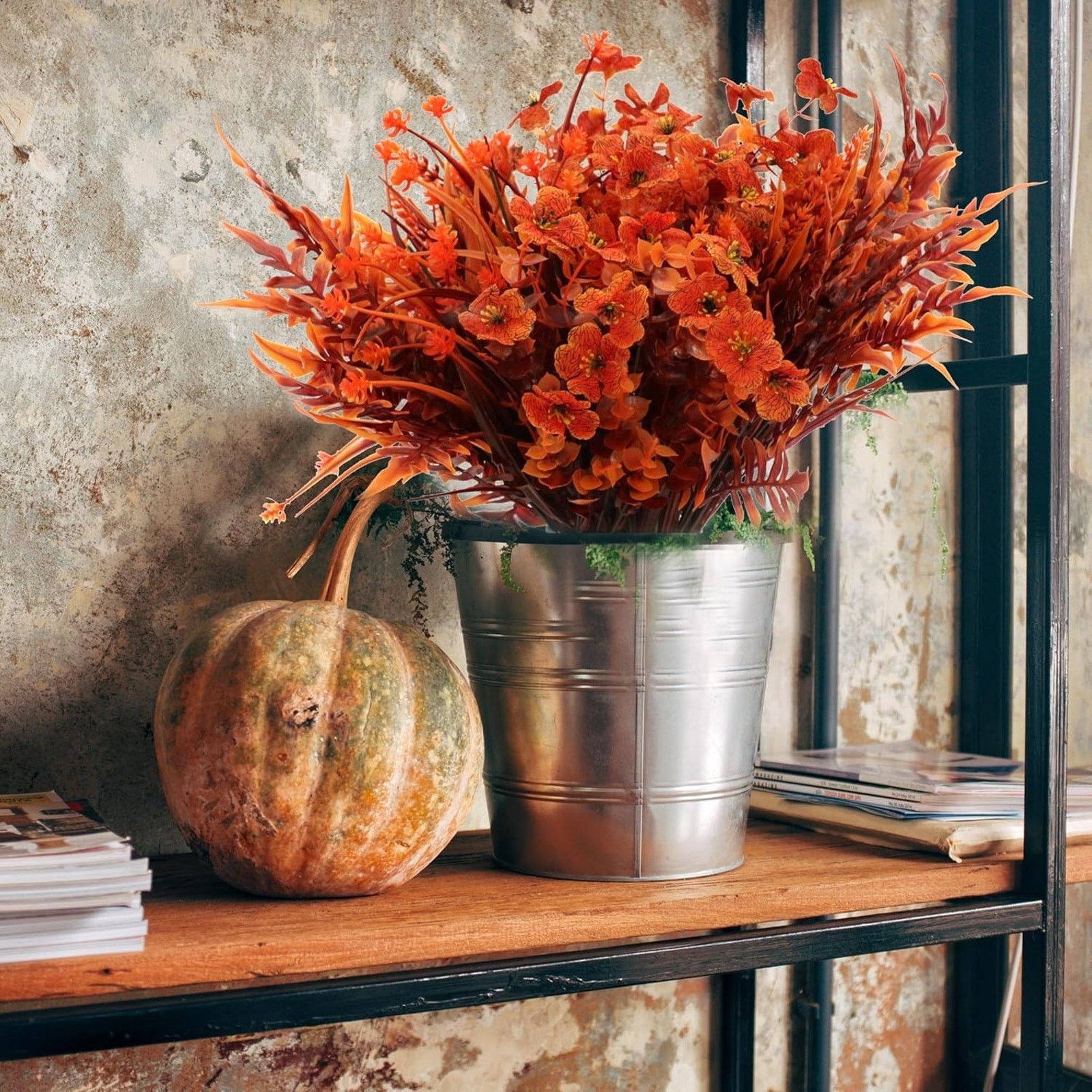 16 Bundles Faux Fall Mums Flowers Plants UV Resistant Mixed Orange