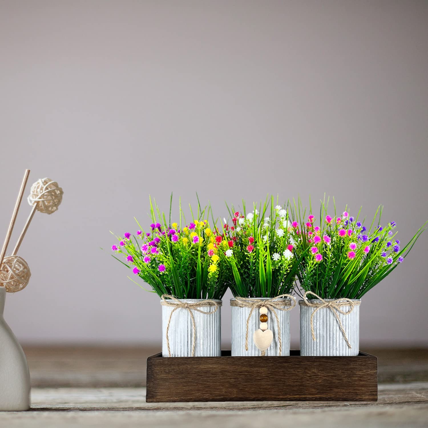 Gypsophila Artificial Flowers Babys Breath In Rustic Metal Pots Wood Tray