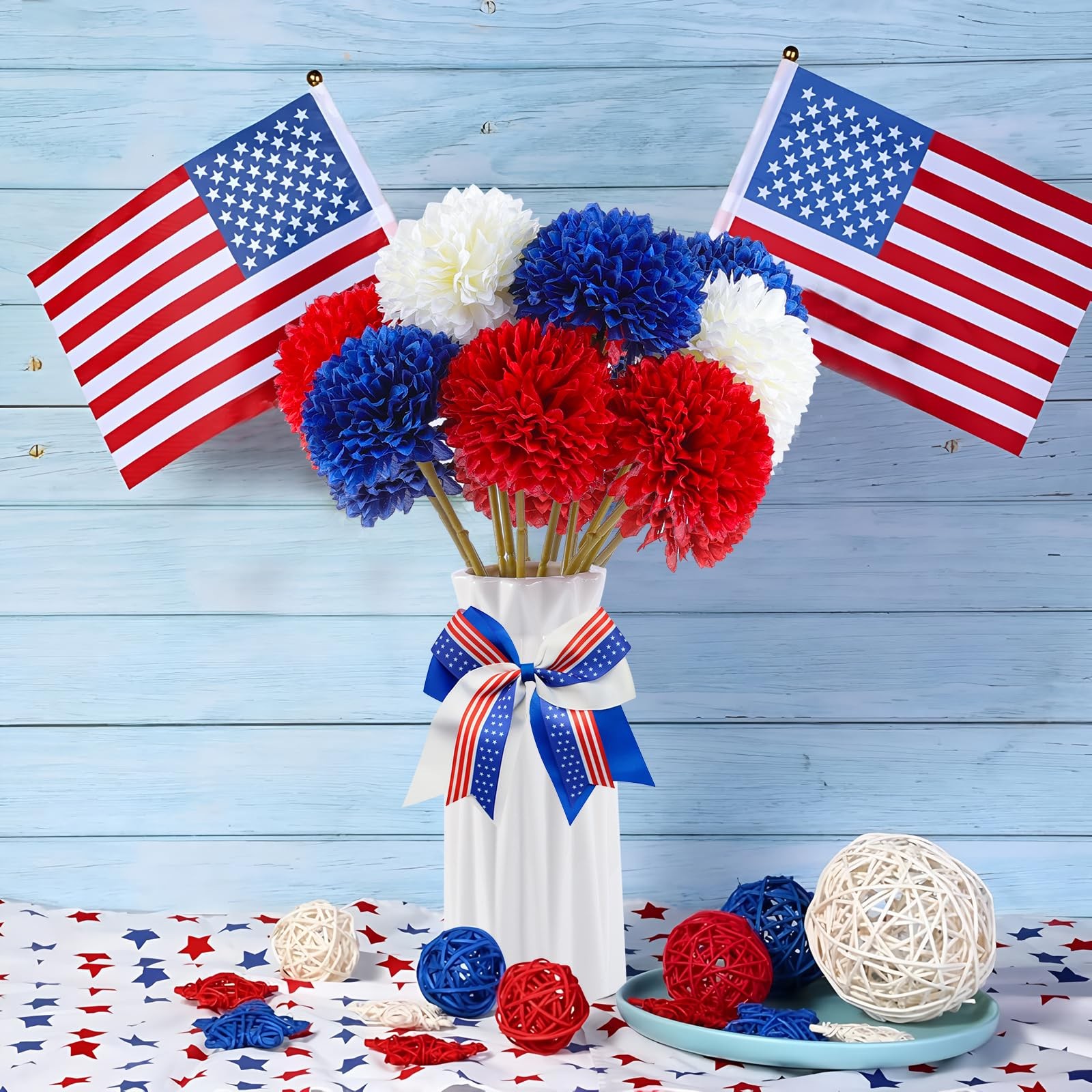 12 Pcs Artificial Chrysanthemums Flowers Patriotic Flowers 4th of July Fake M
