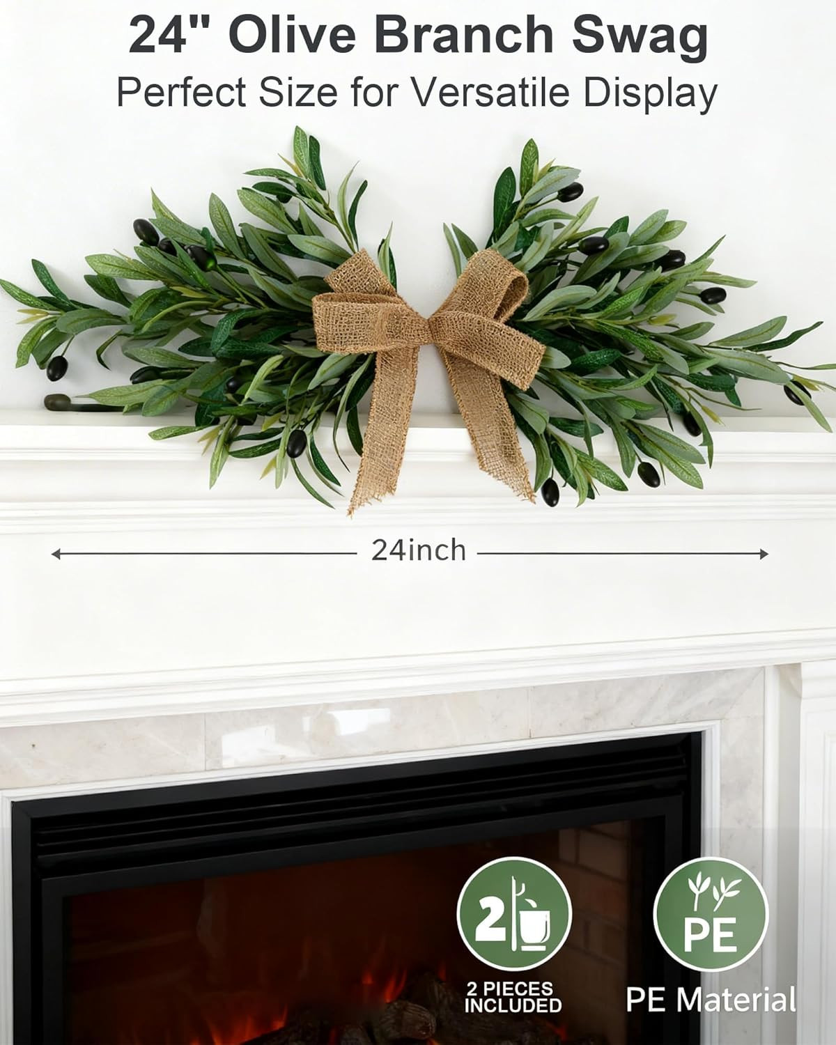 24″ Handmade Olive Swag Set with Burlap Bow – Perfect for Home Decor & Events