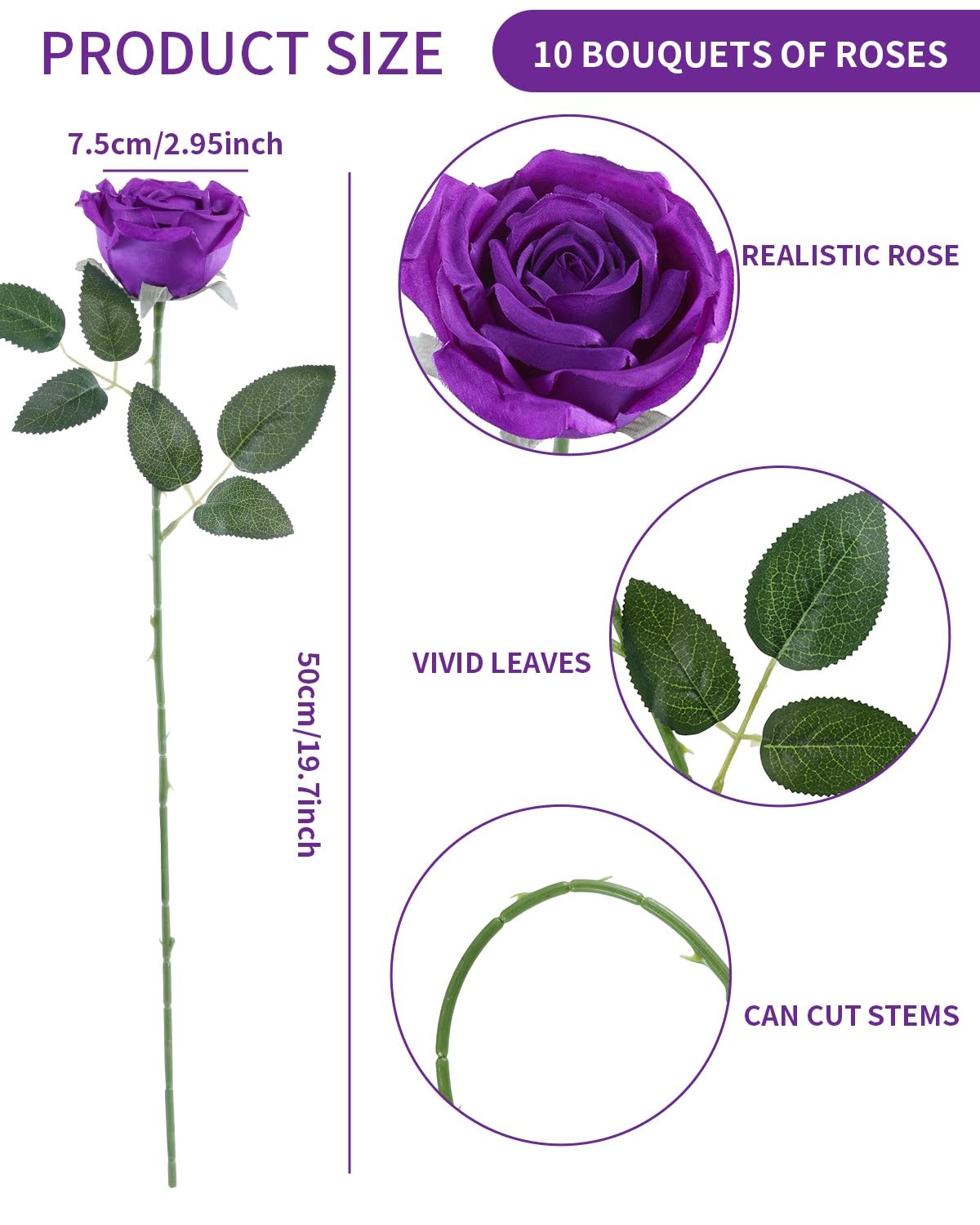 10 Pcs Purple Fake Roses, Silk Artificial Flowers with Long Stems,Realistic F…
