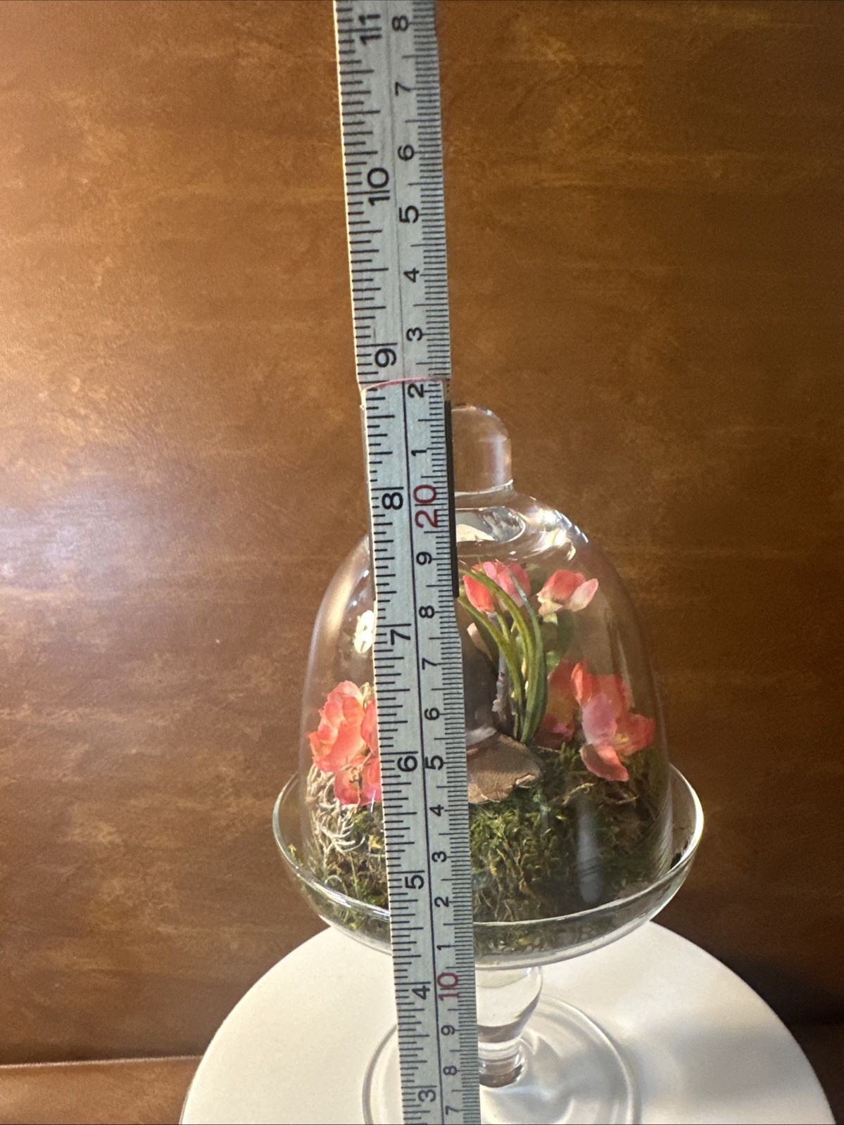 Artificial Vintage Floral Arrangement Glass Dome with Bird Nest, Pink 9”tall b