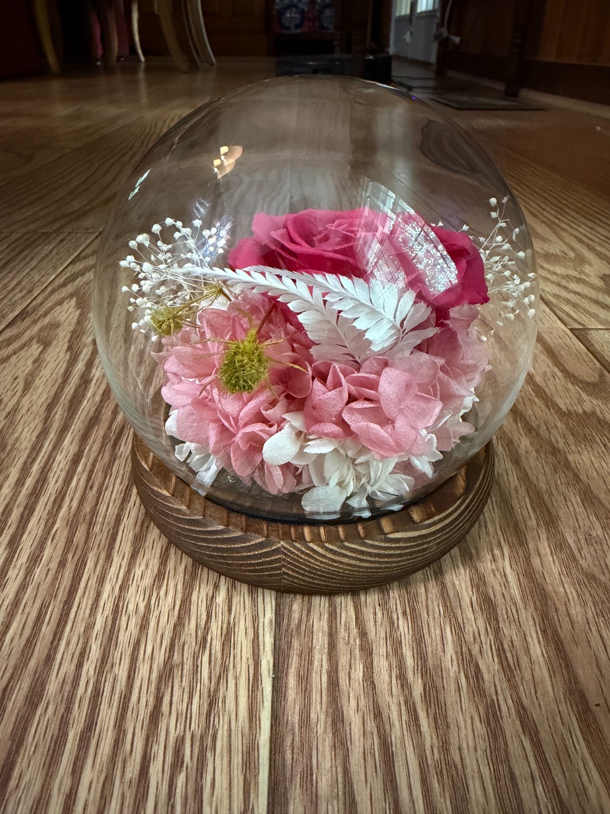 PRESERVED PINK AND RED ROSES IN A LED GLASS LIT DOME W/ORGINAL BOX