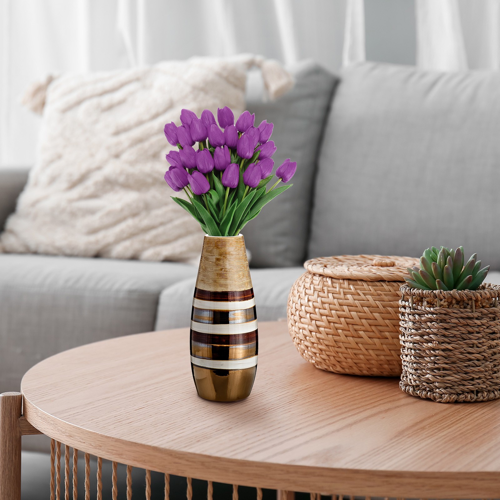 24Pcs Fake Tulips Artificial Flowers PU Tulips with Stems Purple