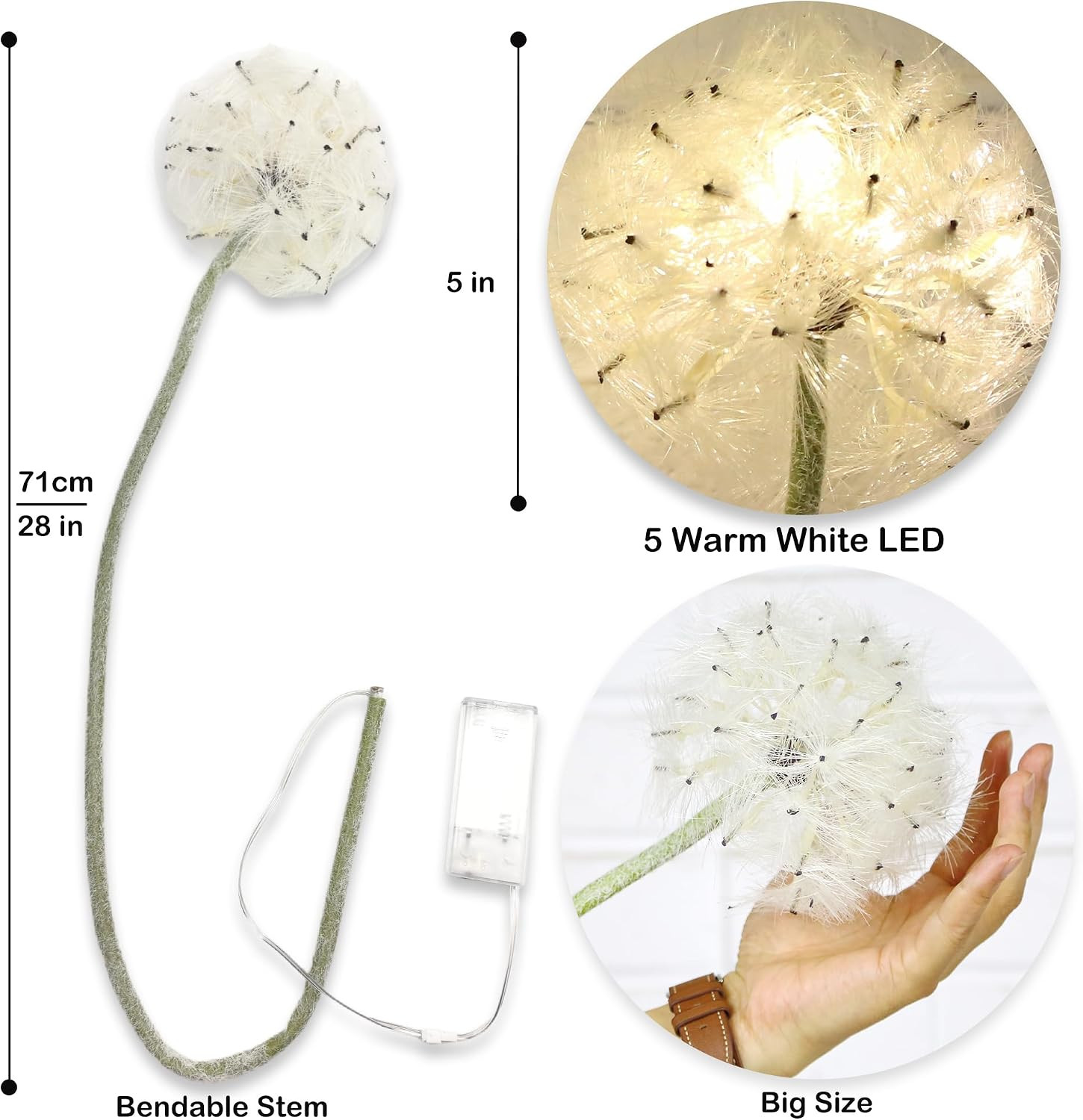 LED Dandelion Flowers with Timer – 4 Pcs Faux Decor for Christmas Home