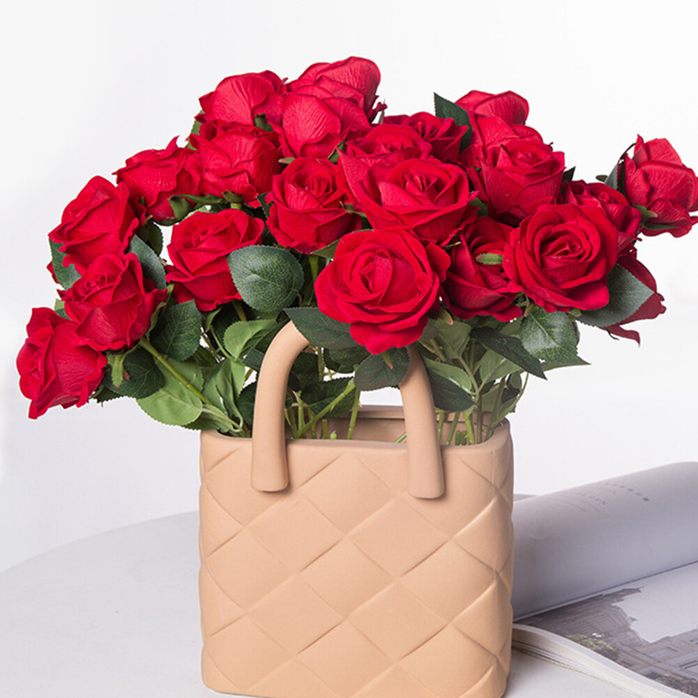 US 20 Pc Red Silk Roses Artificial Flowers Realistic Bouquet HomeDecor Xmas Gift