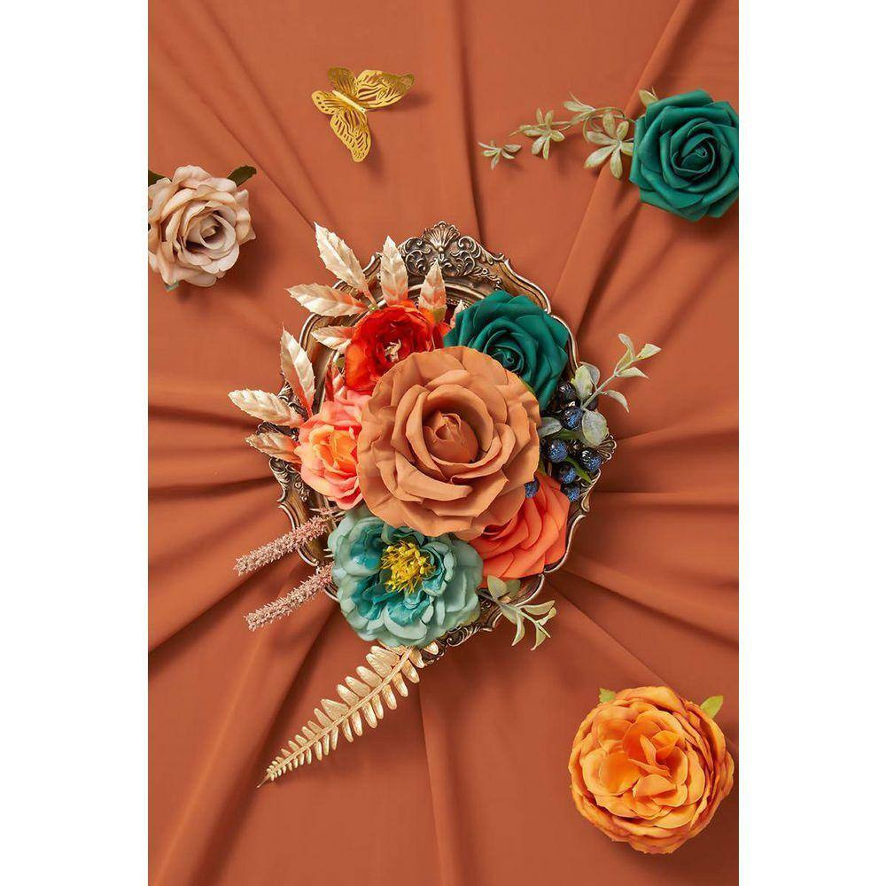 5 In. H Burnt Orange and Teal Artificial Silk Mixed Flowers for Wedding Party Ho