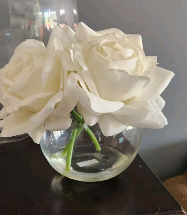 Artificial White Rose Faux Flower Arrangement in small round clear vase