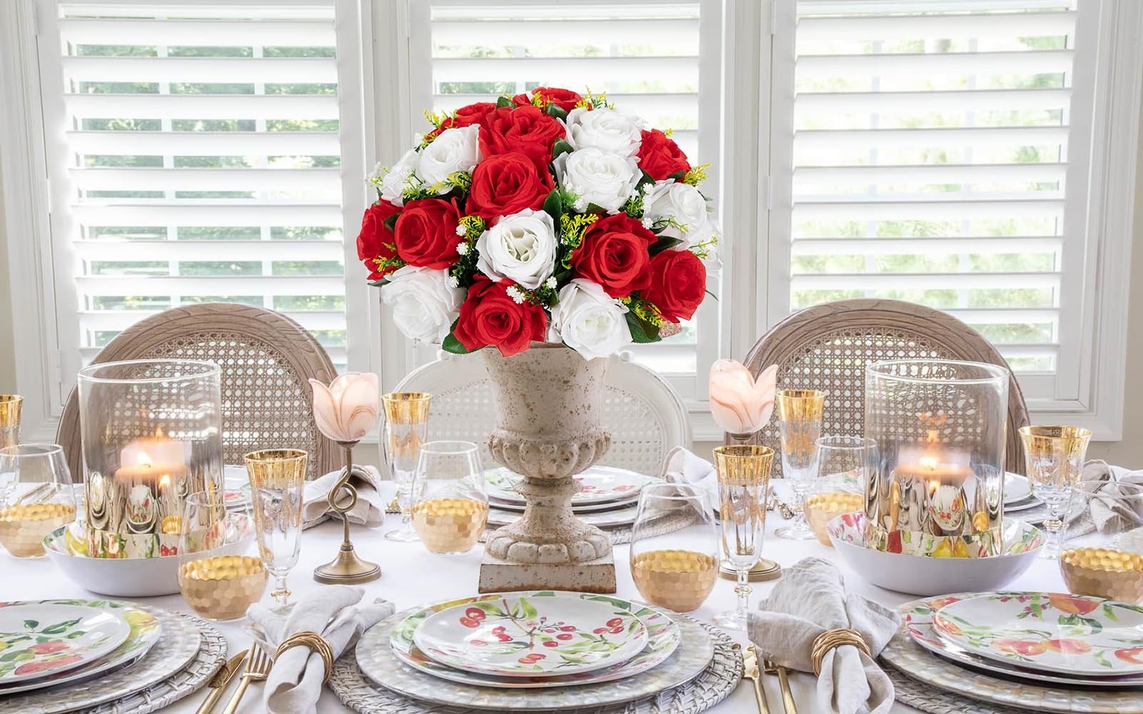Fake Floral Balls Centerpieces 2PCS 11.8 Inch Large Faux Rose Silk Red White