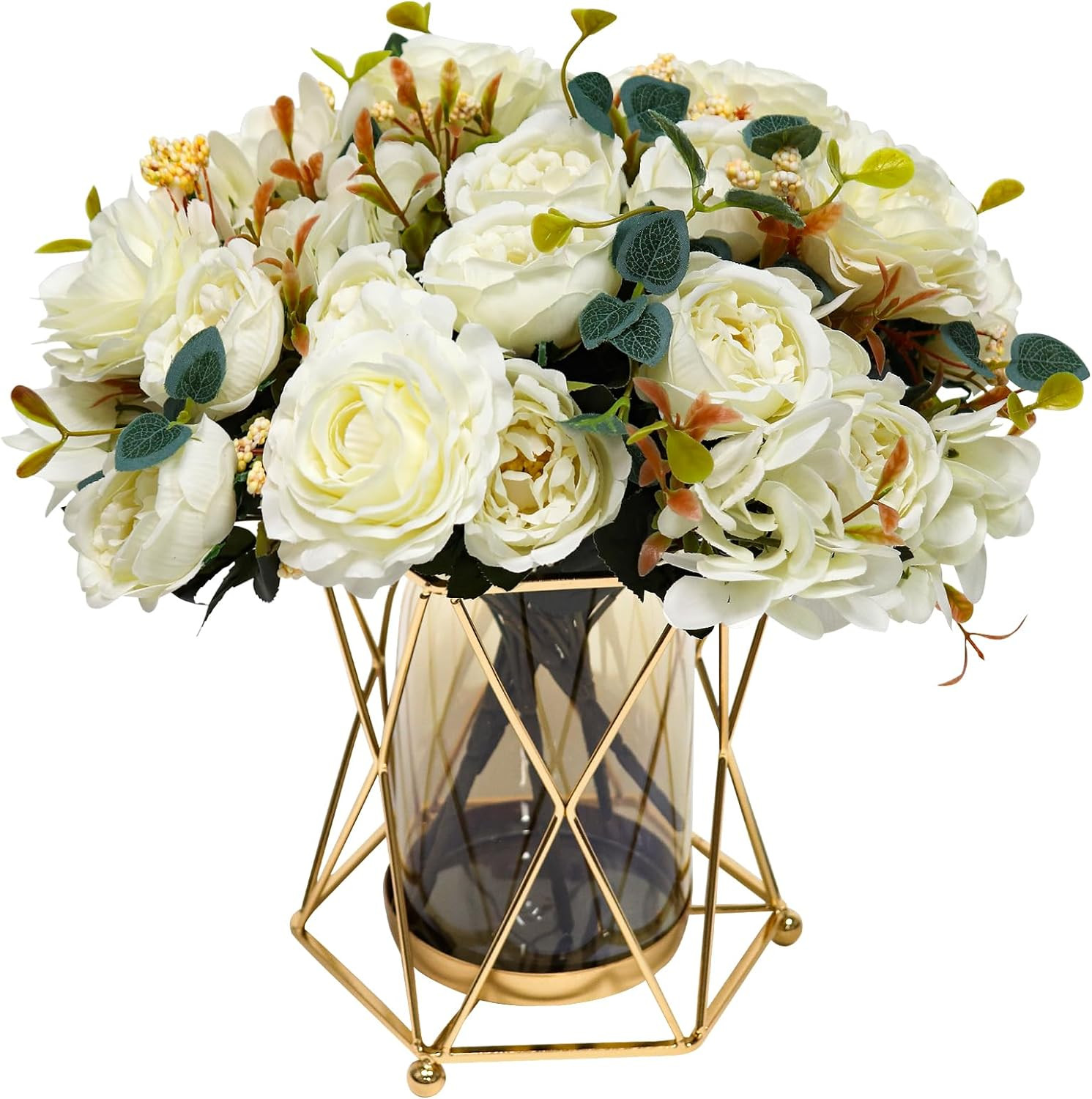 Silk Peony Bouquet in Vase – Elegant Faux Flowers for Home Decor & Centerpieces