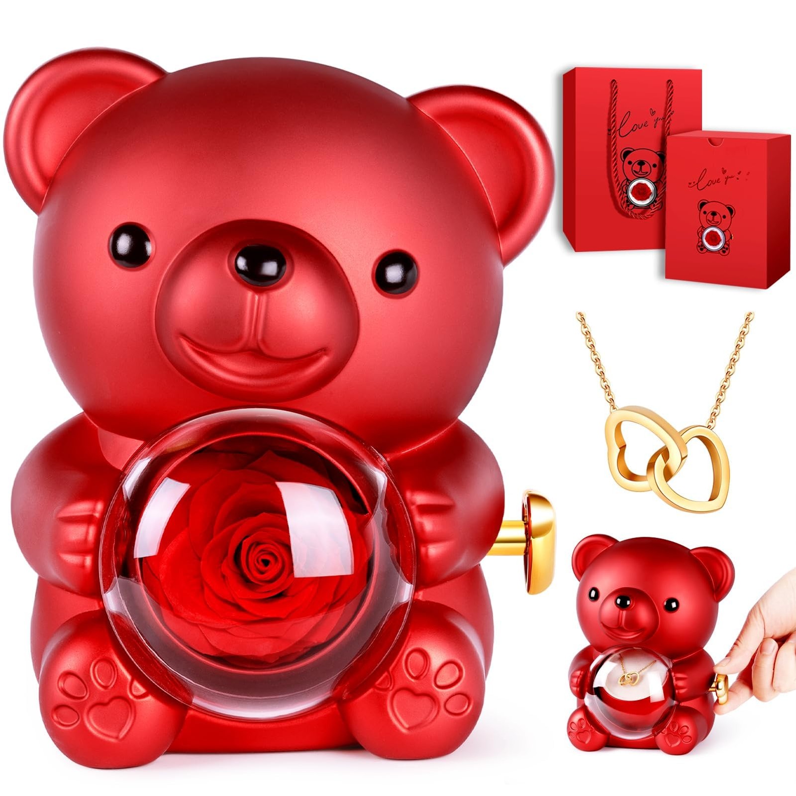 Cute Teddy Bear with Preserved Rose, Double-Heart Necklace, Musical – Serves …